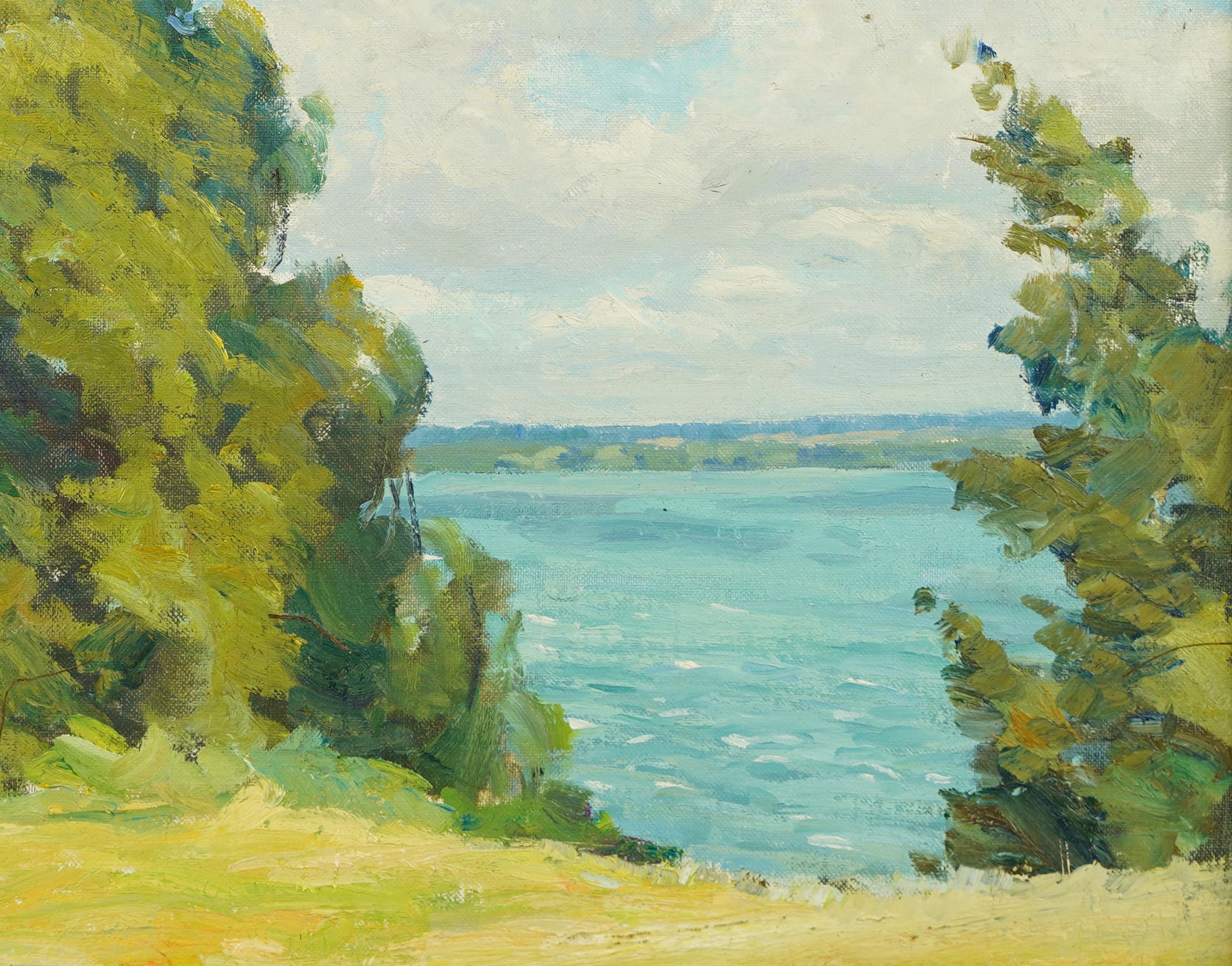 Signed American School Panoramic Summer Lake View Serene Landscape Oil Painting 2