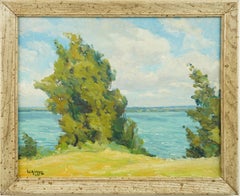 Signed American School Panoramic Summer Lake View Serene Landscape Oil Painting