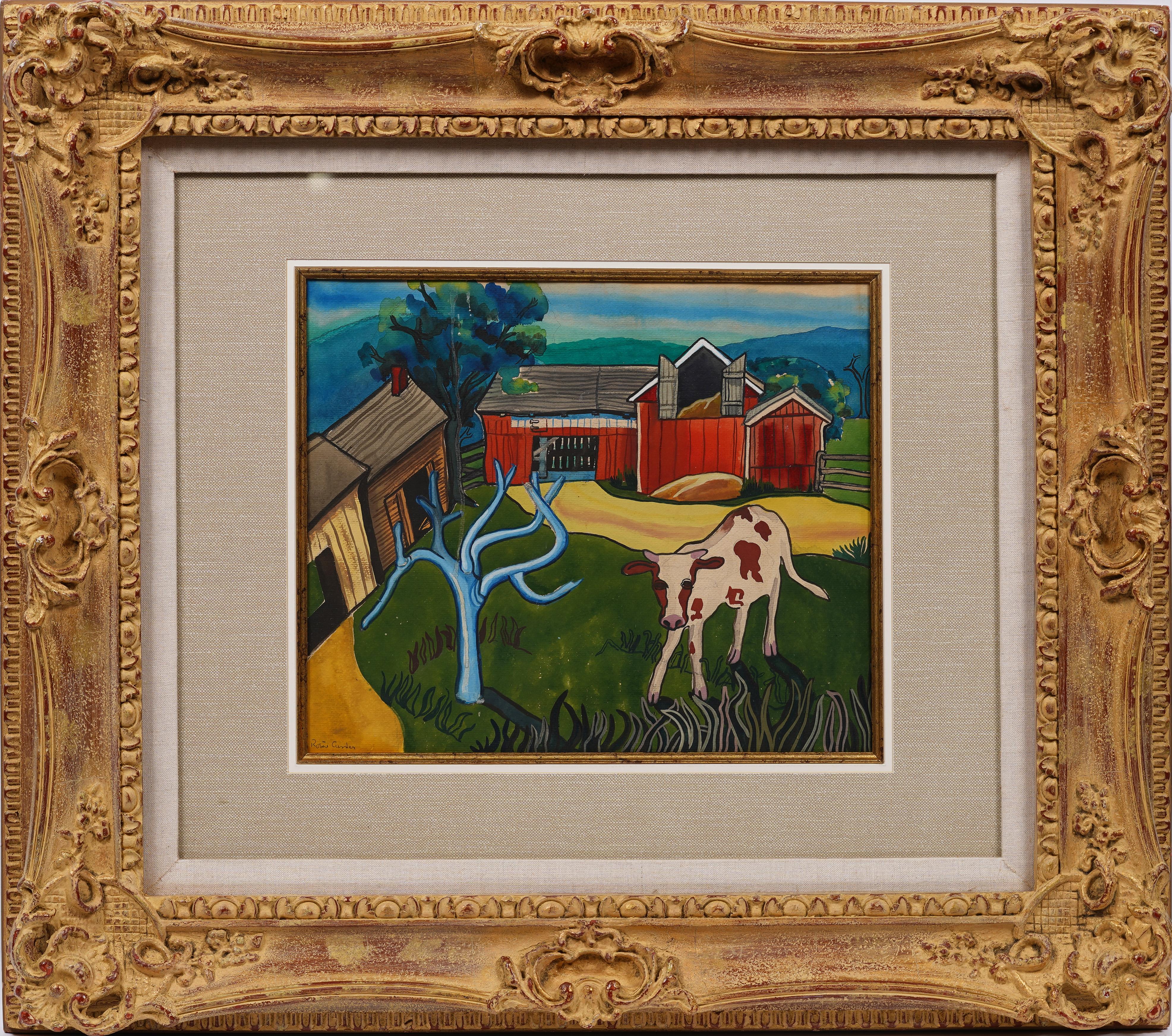Peinture encadrée de l'école américaine post-impressionniste représentant une ferme de vaches - Painting de Unknown