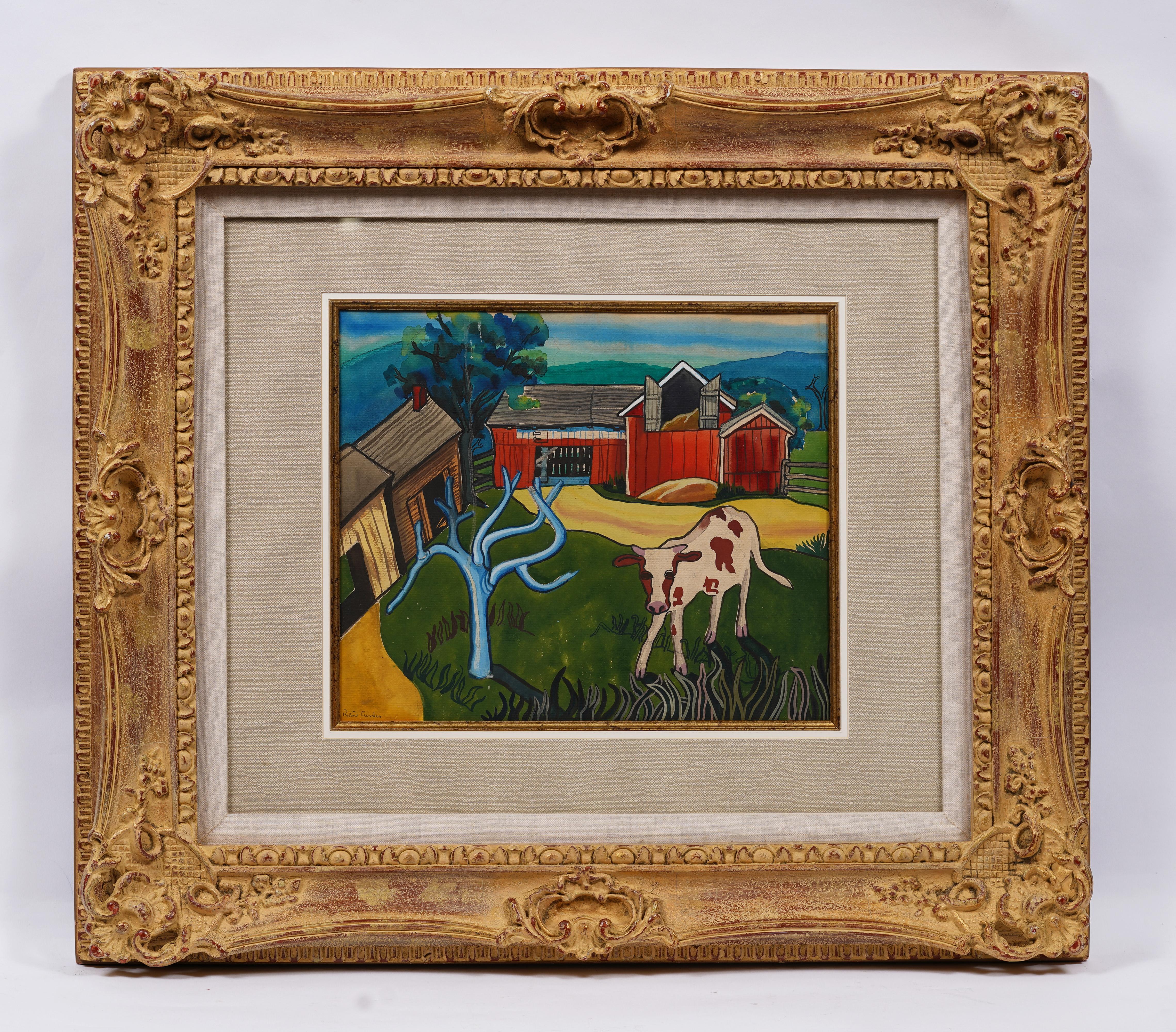 Peinture encadrée de l'école américaine post-impressionniste représentant une ferme de vaches - Moderne Painting par Unknown