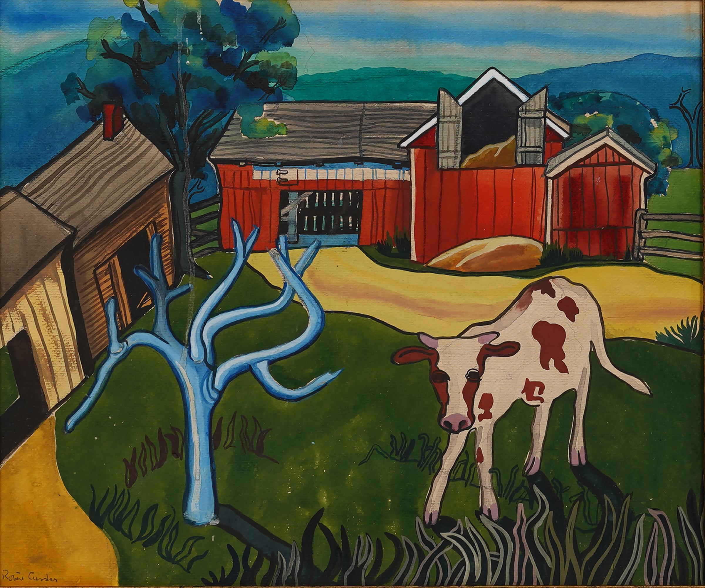 The Farm Antiques Antiques modernist regional cow farm landscape.   Très joliment encadrée, cette peinture est très impressionnante en vrai.  Signé de manière illisible.  