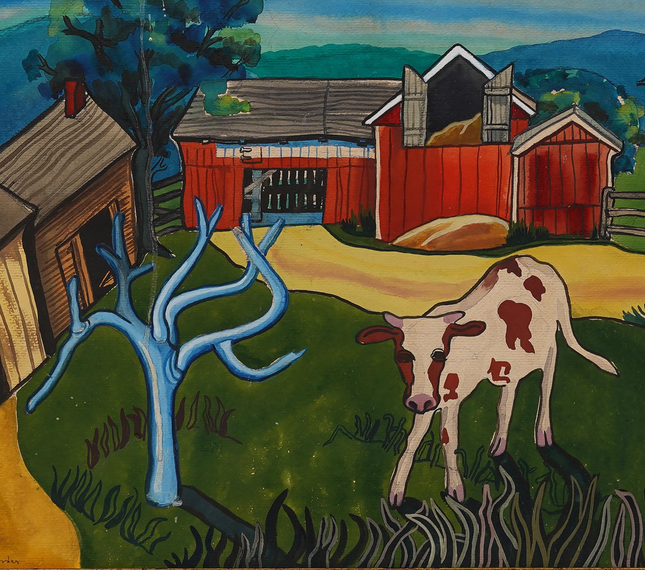 Pintura postimpresionista firmada de la escuela americana Paisaje de granja de vacas Enmarcada - Animal Painting Marrón de Unknown