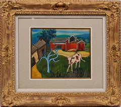 Peinture encadrée de l'école américaine post-impressionniste représentant une ferme de vaches