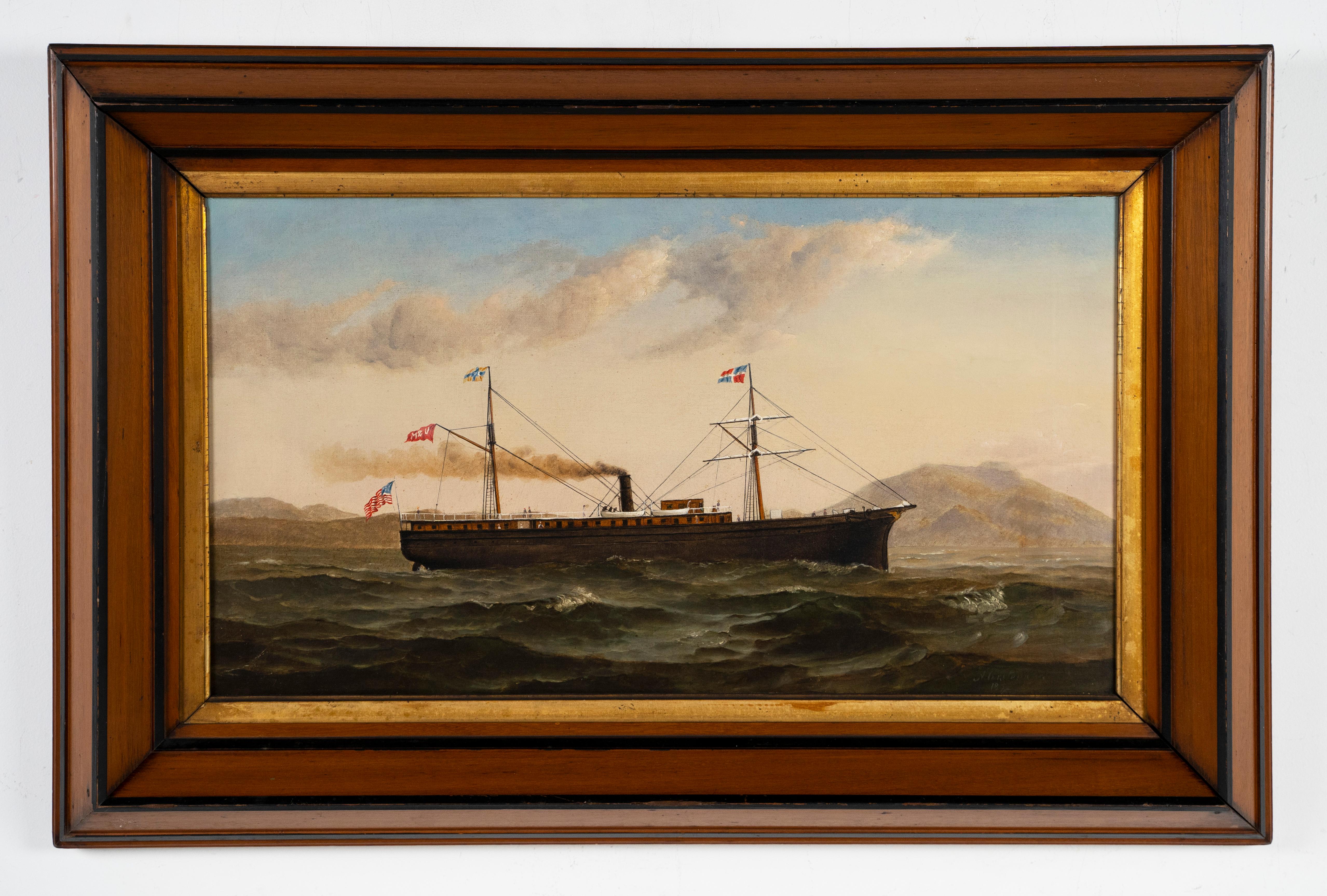 Signed Antique 19th Century American School Nautical Steamship Seascape Painting - Brown Landscape Painting by Unknown