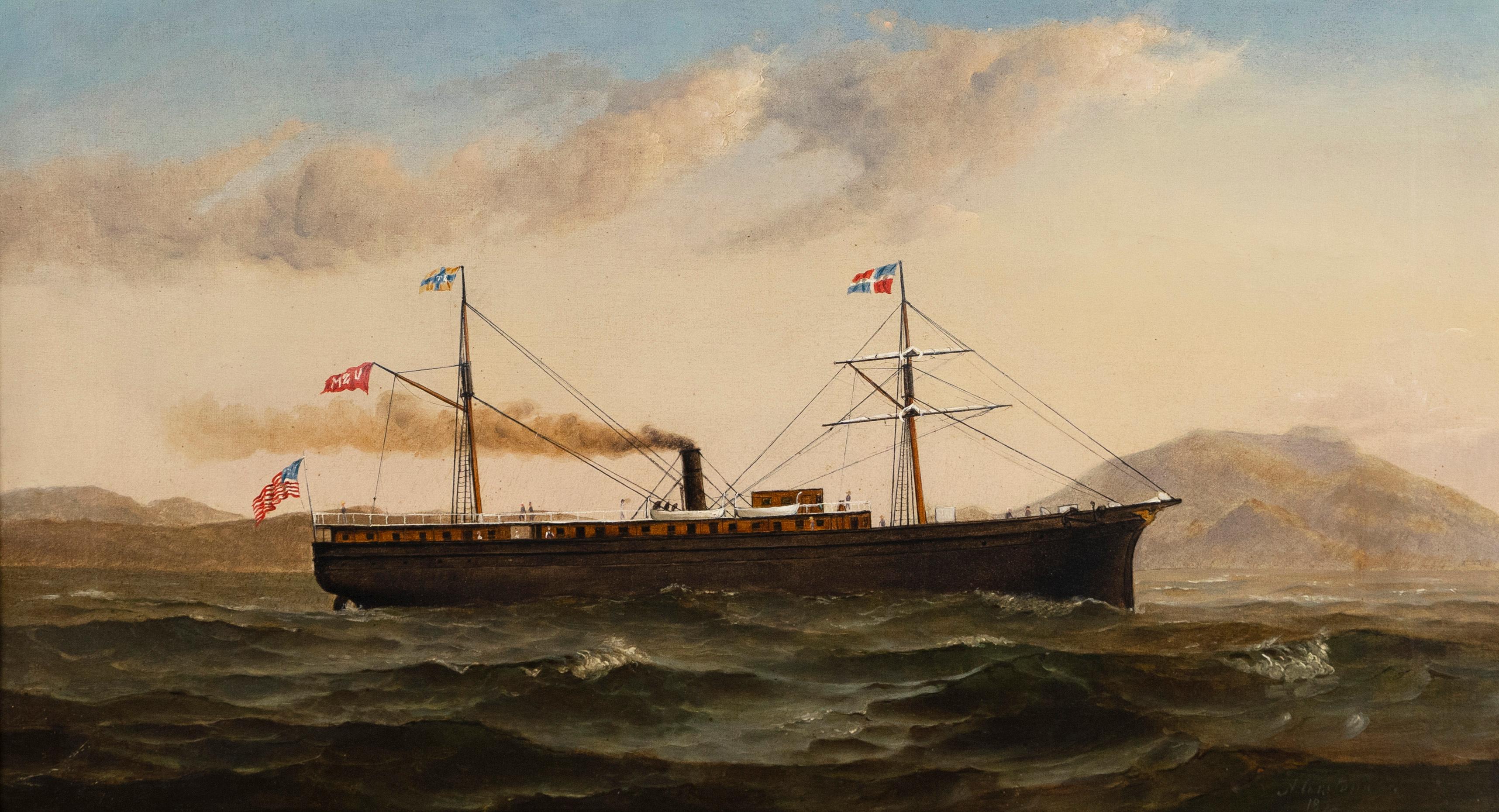 Antique American school 19th century seascape painting.  Oil on canvas, circa 1870.  Signed illegbily.  Image size 25L x 14H.  Housed in a period wood frame.  Very finely painted!