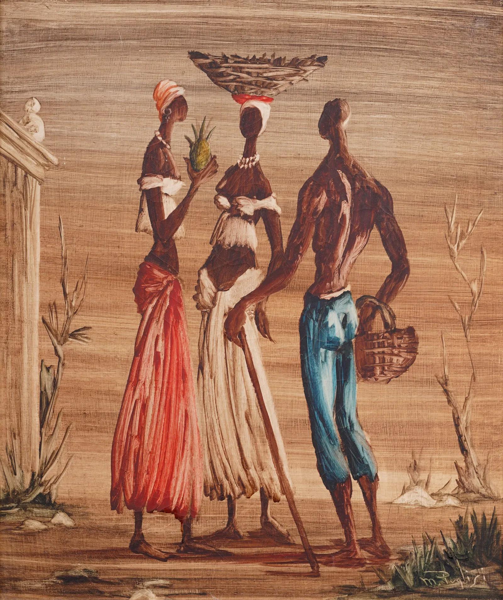 Peinture à l'huile figurative africaine moderniste ancienne encadrée signée - Moderne Painting par Unknown