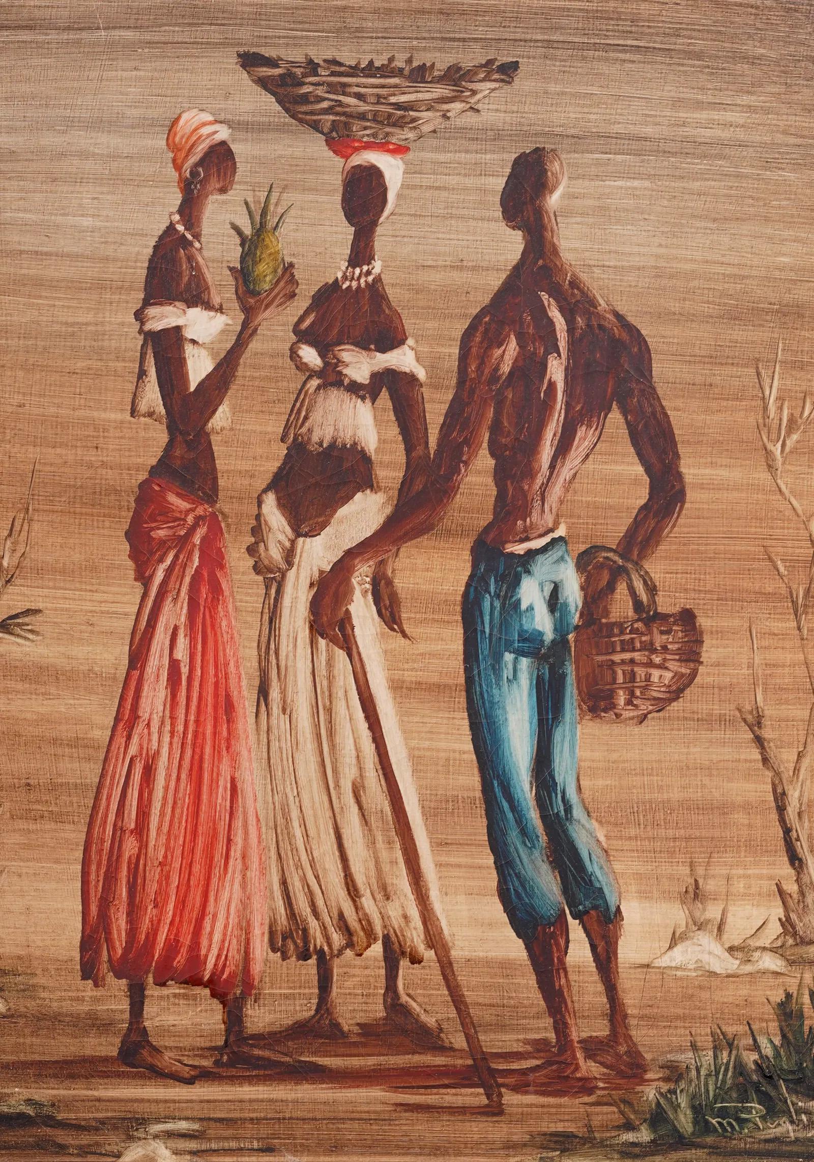 Peinture à l'huile figurative africaine moderniste ancienne encadrée signée - Marron Landscape Painting par Unknown