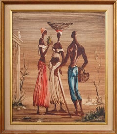 Signed Antique African Modernist Figural Landscape Framed Oil Painting