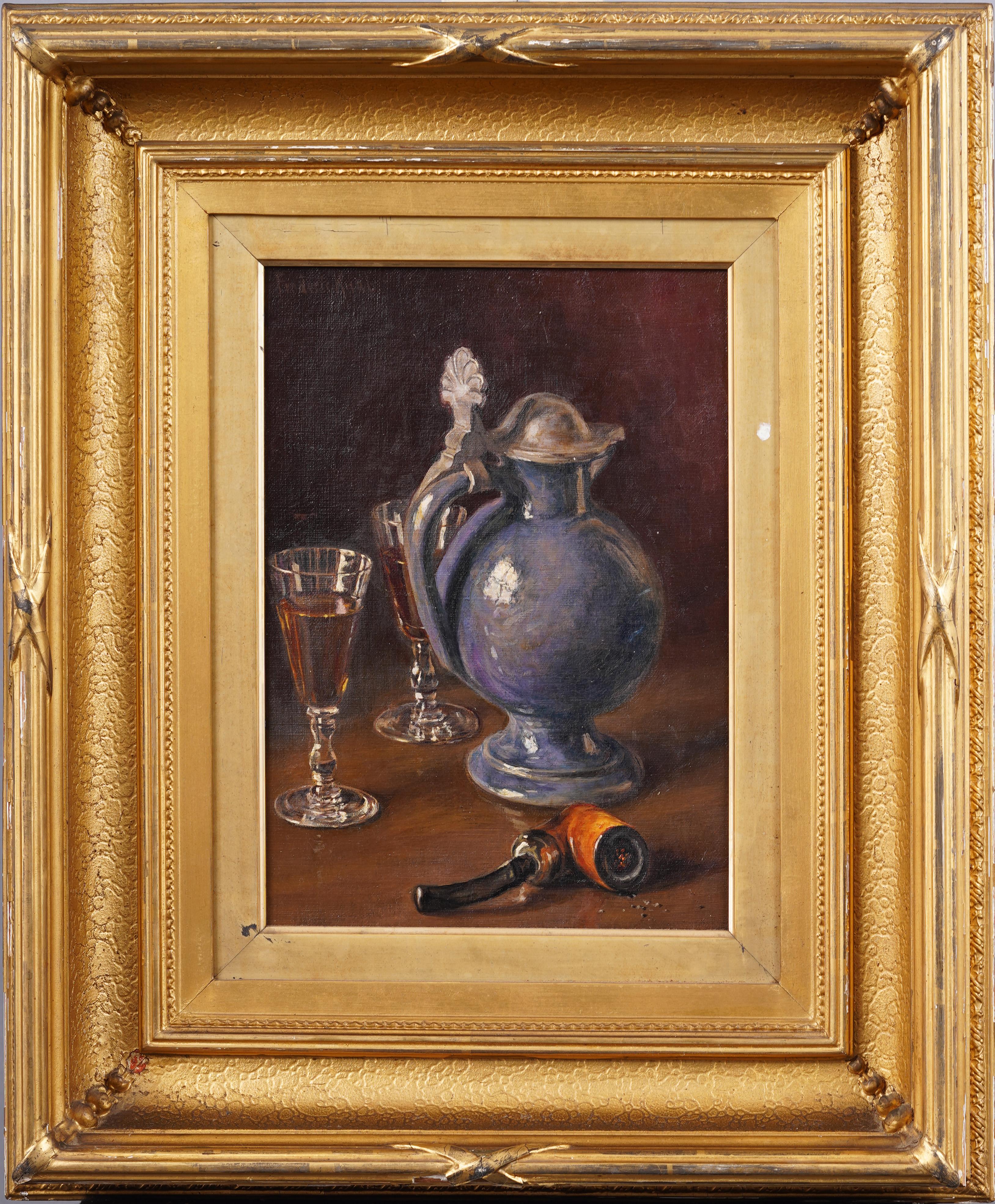Antiguo bodegón realista americano del siglo XIX firmado y bien enmarcado - Painting de Unknown