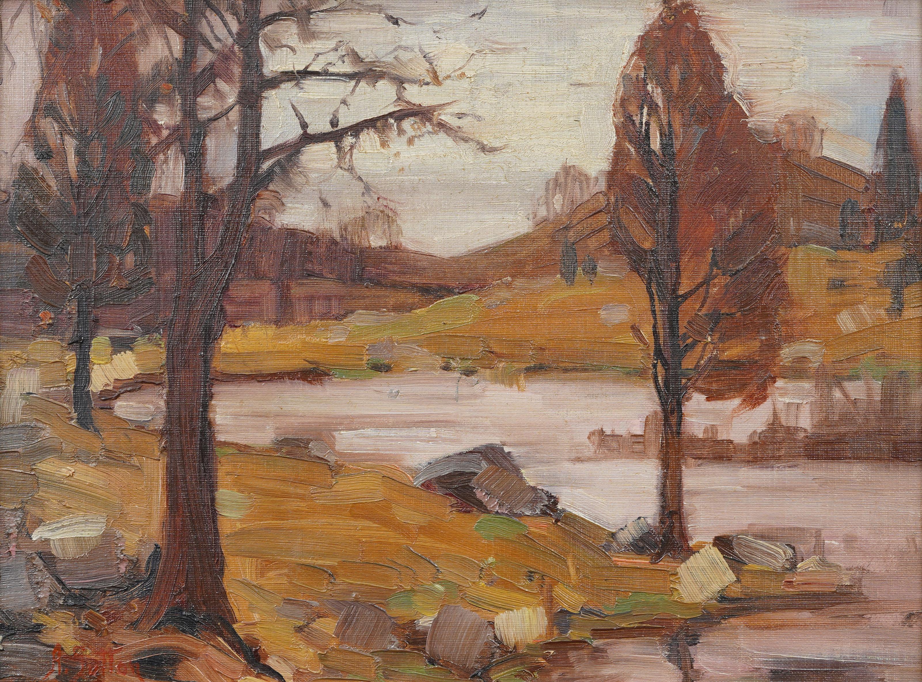 Charles Sutton, “April Afternoon,” Oil on Board, Framed Landscape Painting

Warmly toned impressionist oil painting by Charles Sutton, titled April Afternoon. The work captures a tranquil spring landscape with tall trees and soft reflections along a
