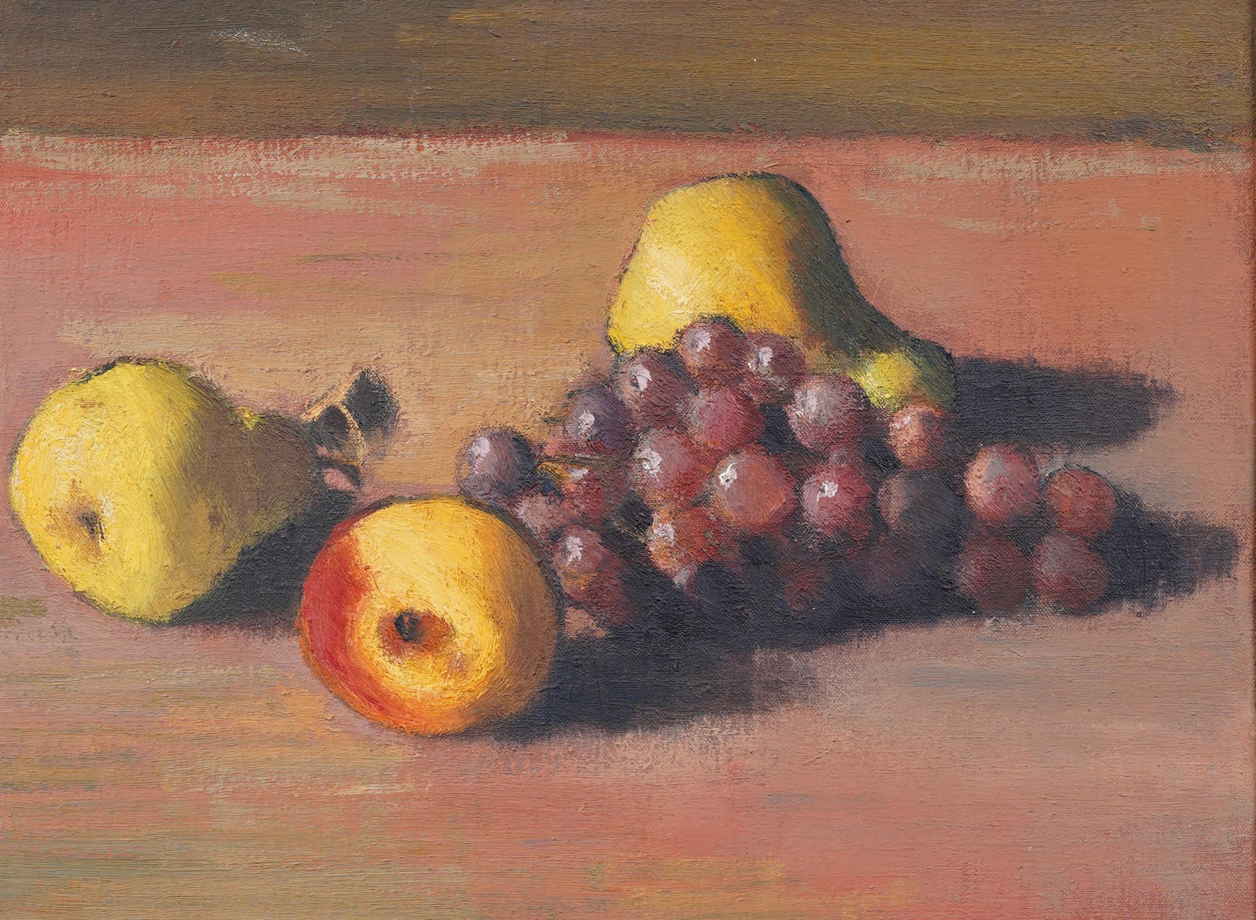 Bodegón frutal impresionista muy bien pintado.  Óleo sobre lienzo.  Firmado.  Alojada en un gran marco montparnasse.  