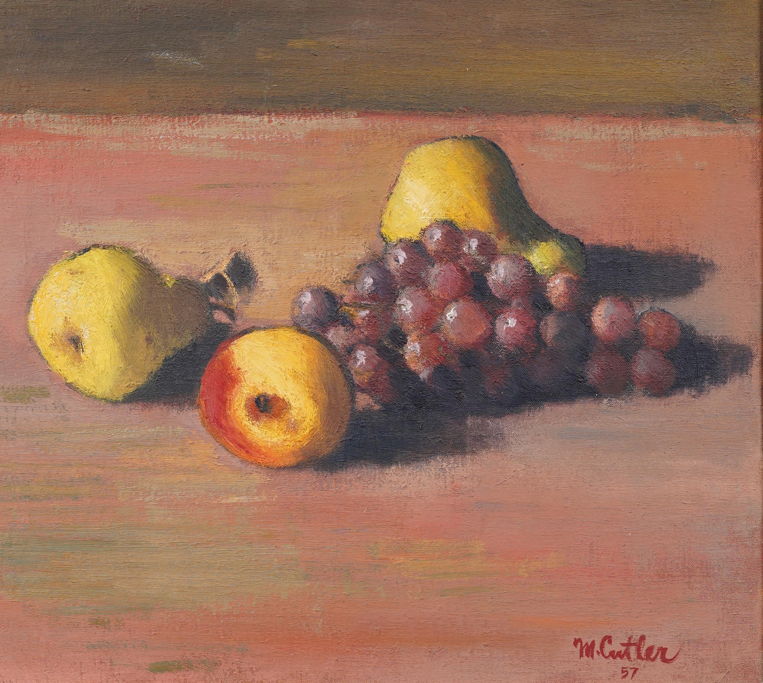 Antiguo cuadro al óleo impresionista americano firmado Naturaleza muerta frutal enmarcado 1