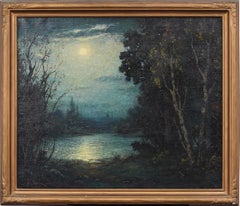 Signed Antique American Impressionist Moonlit Framed Nocturnal Seascape Painting