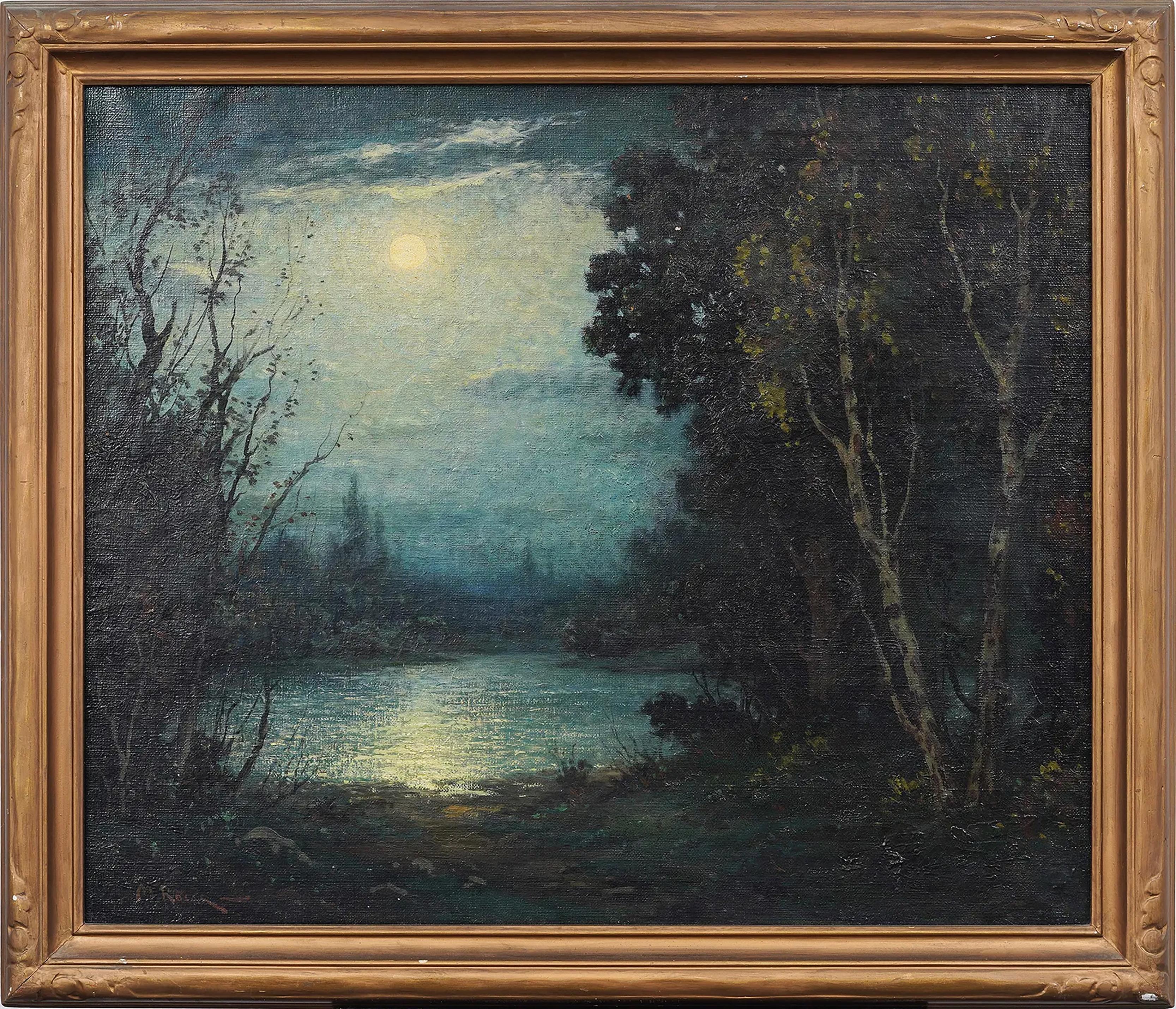 Signed Antique American Impressionist Moonlit Framed Nocturnal Seascape Painting