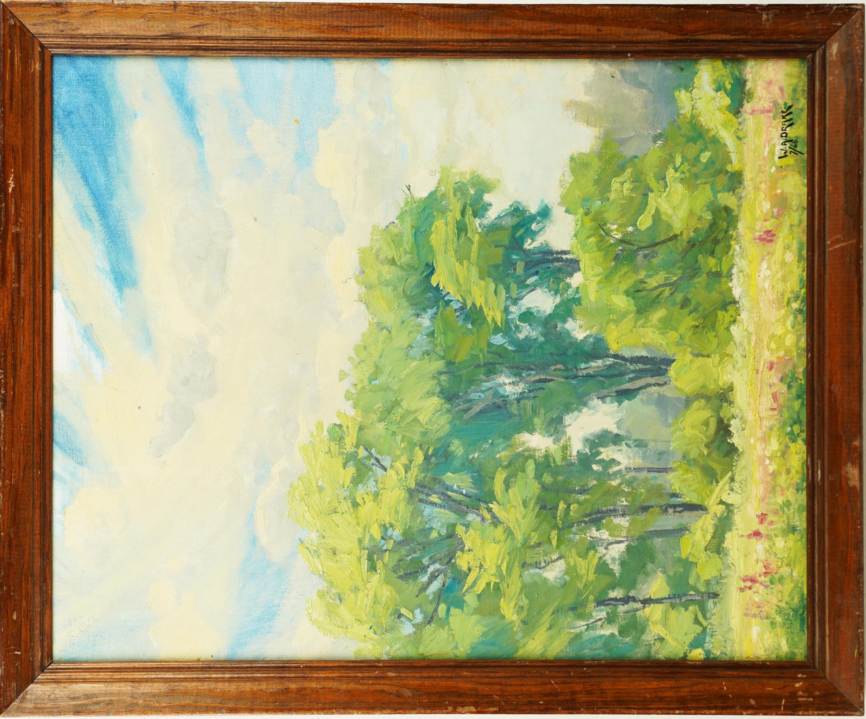 Antique American impressionist signed landscape oil painting.  Oil on canvasboard.  Signed.  Framed.  Image size, 16L x 20H.