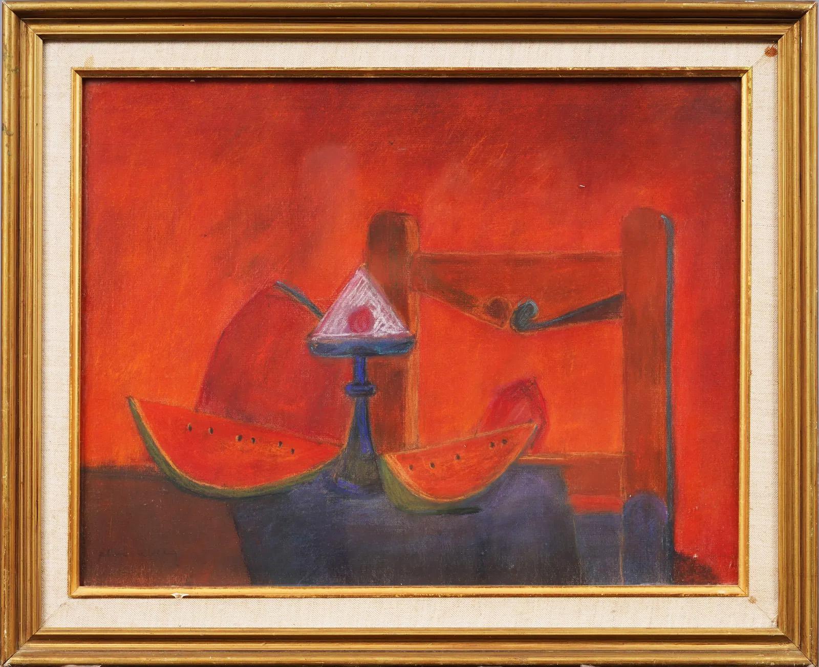 Pintura al óleo con marco firmada Antiguo bodegón modernista americano de sandía - Painting de Unknown