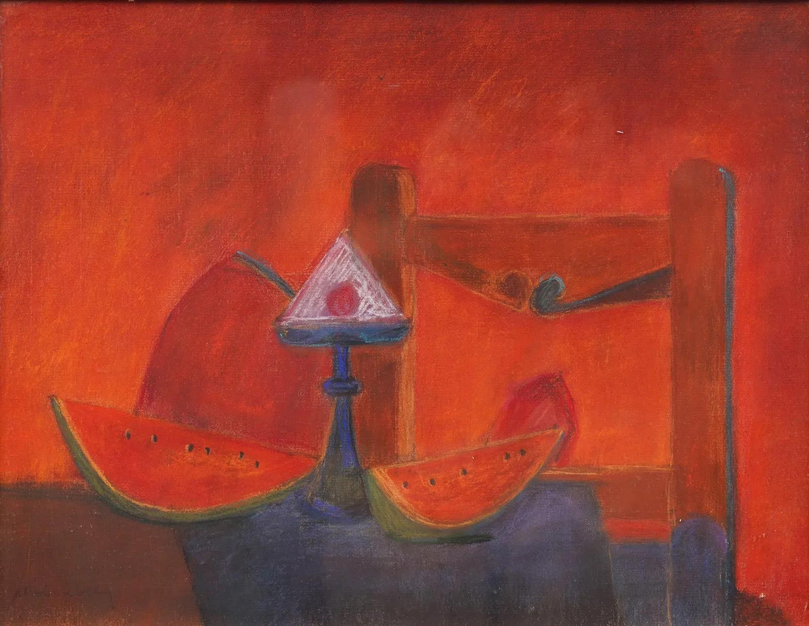 Pintura al óleo con marco firmada Antiguo bodegón modernista americano de sandía - Painting Moderno de Unknown