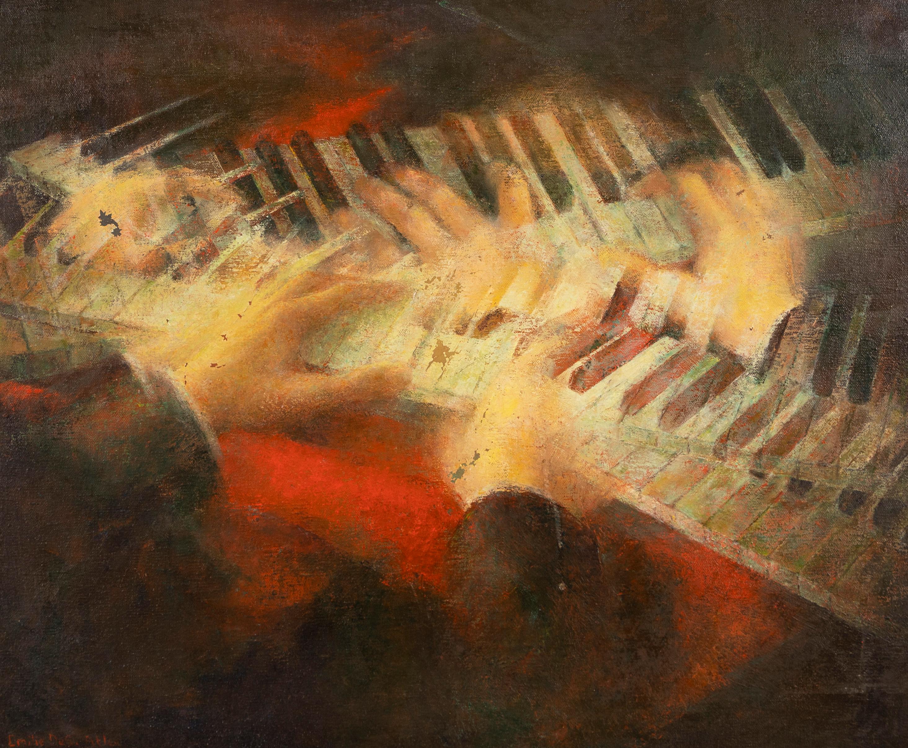 Peinture à l'huile originale de jazz cubiste de l'école américaine, signée - Marron Abstract Painting par Unknown