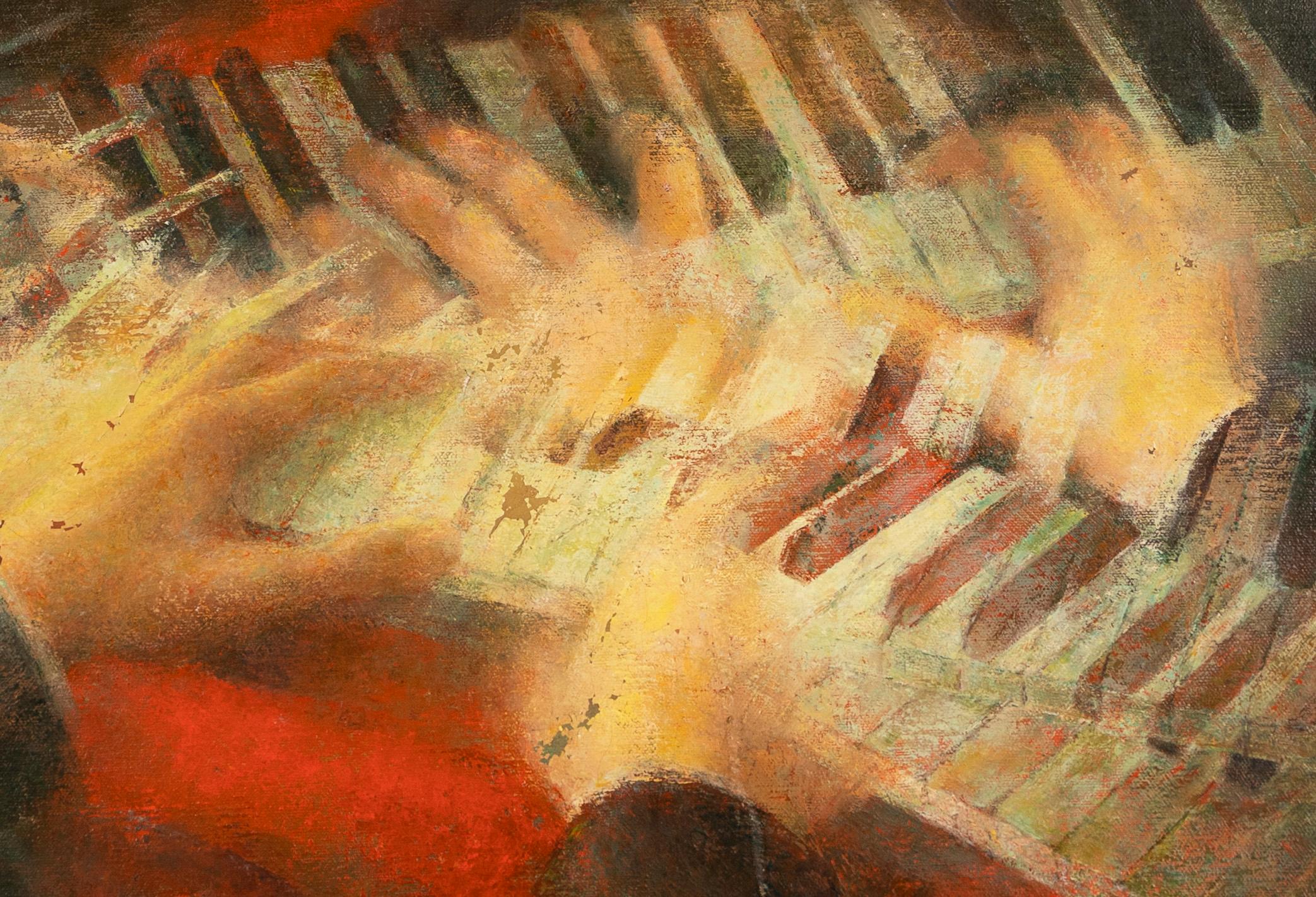 Peinture abstraite moderniste américaine vintage pour piano.  Huile sur toile, vers 1940.  Signé.  Encadré.  Taille de l'image : 24.L.A. x 20.H.
