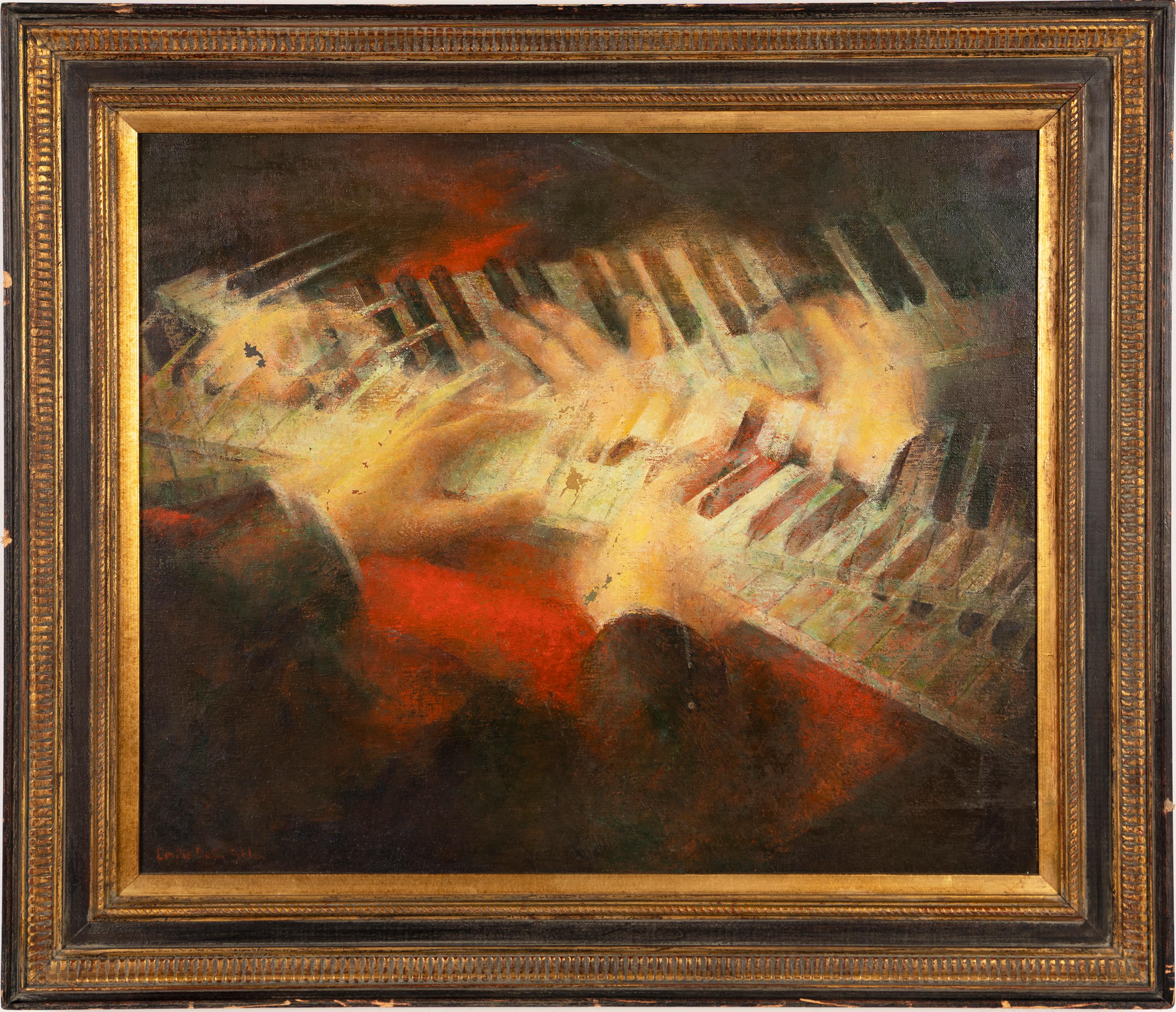 Abstract Painting Unknown - Peinture à l'huile originale de jazz cubiste de l'école américaine, signée