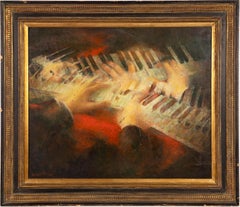 Signed Antique American School Modernist Cubist Jazz Piano Original Oil Painting