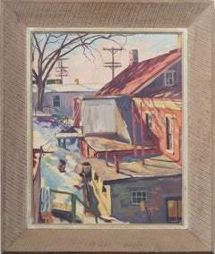 Signed Antique American WPA Large Regionalist Winter Cityscape Oil Painting