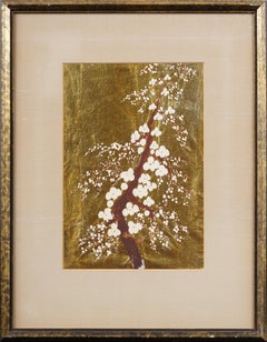 Signed Antique Asian Gold Leaf Orchid Cherry Blossom Tree Signed Framed Painting