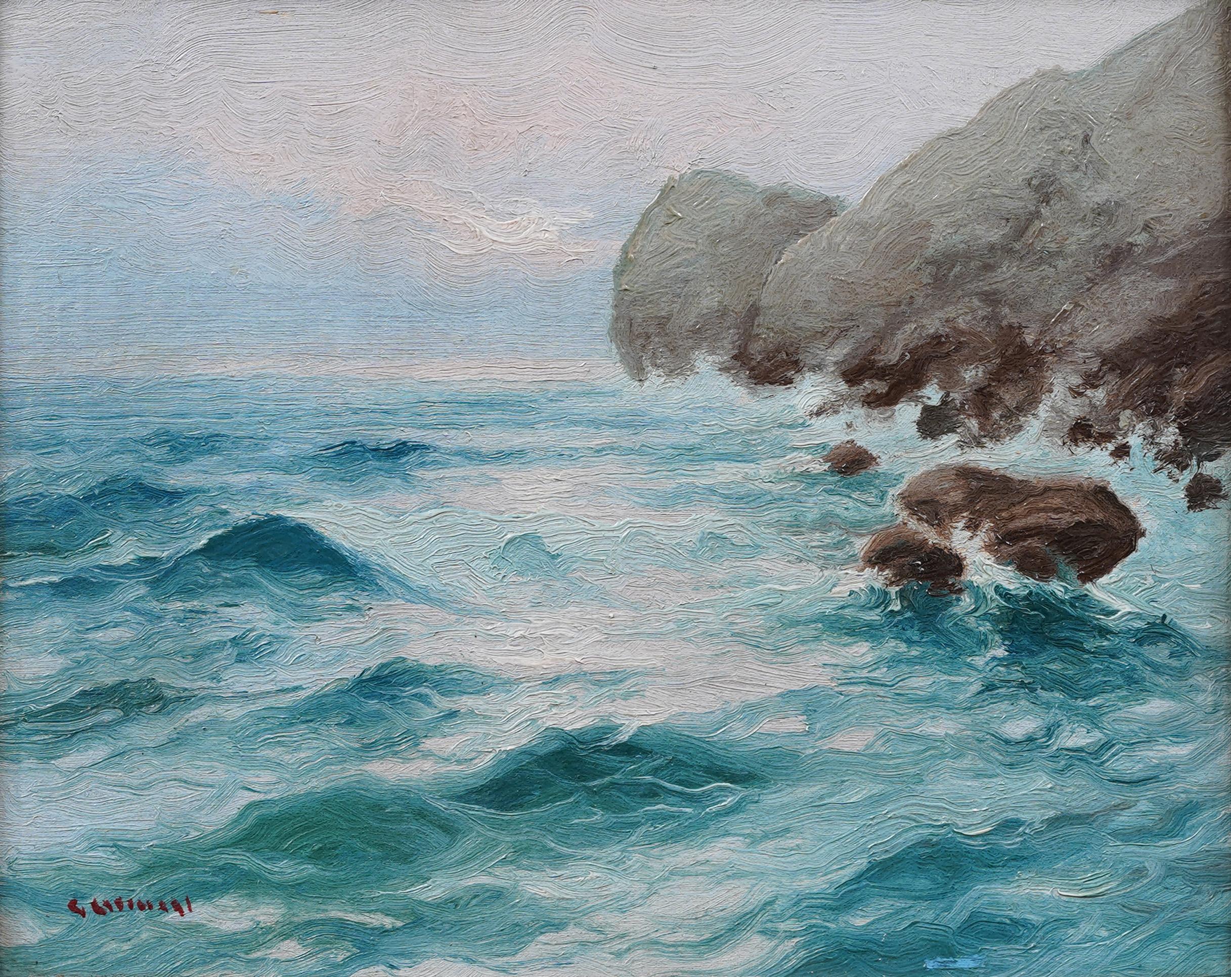 Firmato Antico italiano incorniciato Paesaggio marino Oceano Mediterraneo Pittura a olio originale - Painting Impressionismo di Unknown