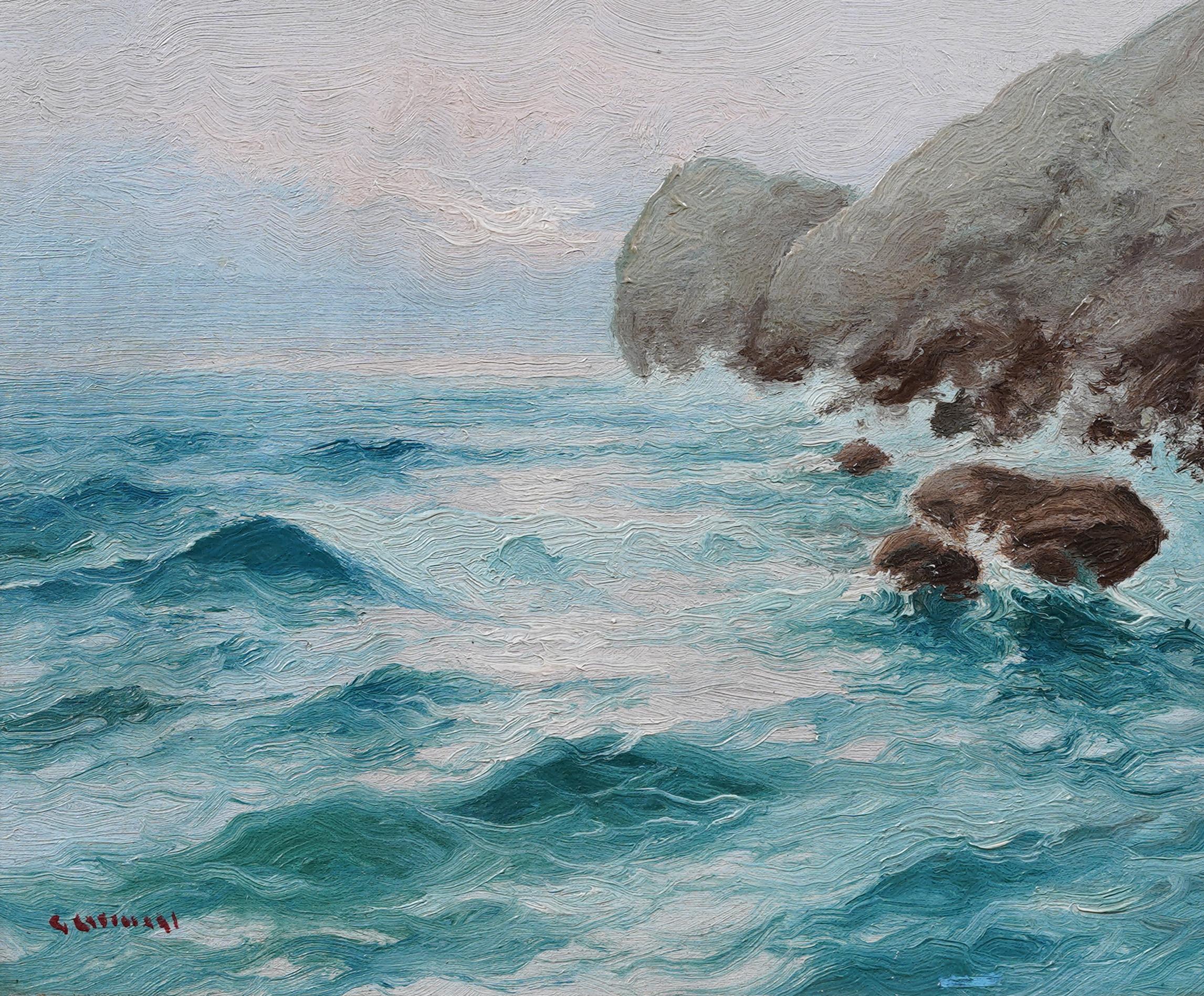 Firmato Antico italiano incorniciato Paesaggio marino Oceano Mediterraneo Pittura a olio originale - Landscape Painting Grigio di Unknown