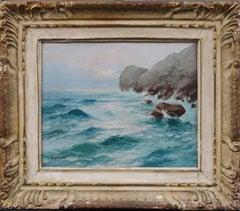 Firmato Antico italiano incorniciato Paesaggio marino Oceano Mediterraneo Pittura a olio originale