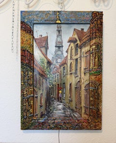 Signed Dated European Cityscape Old Town Oil Painting w Hand decorated Frame