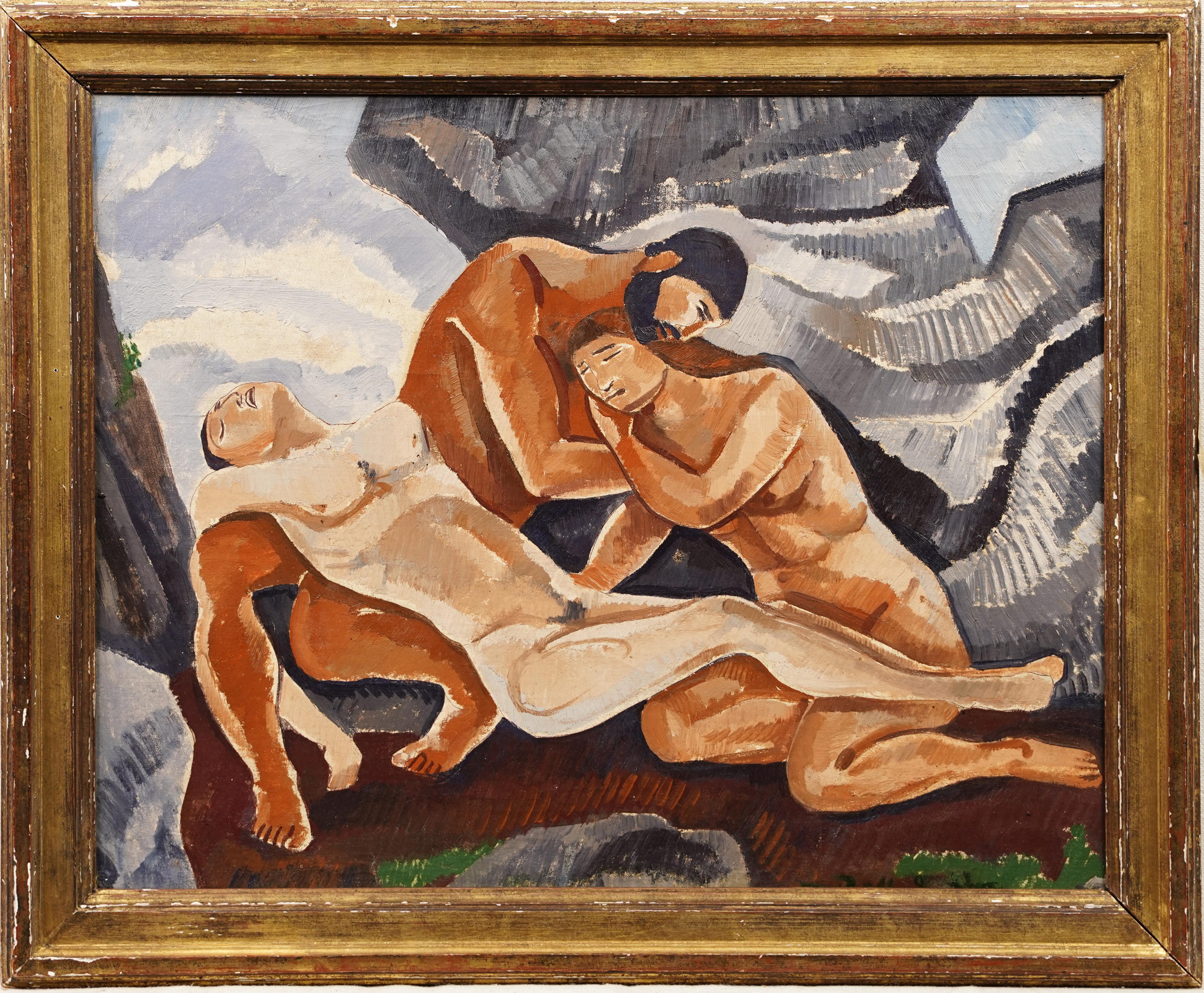 Antique American signed modernist nude male landscape oil painting.  Oil on canvas.  Signed.  Framed.  Image size, 18L x 14H.