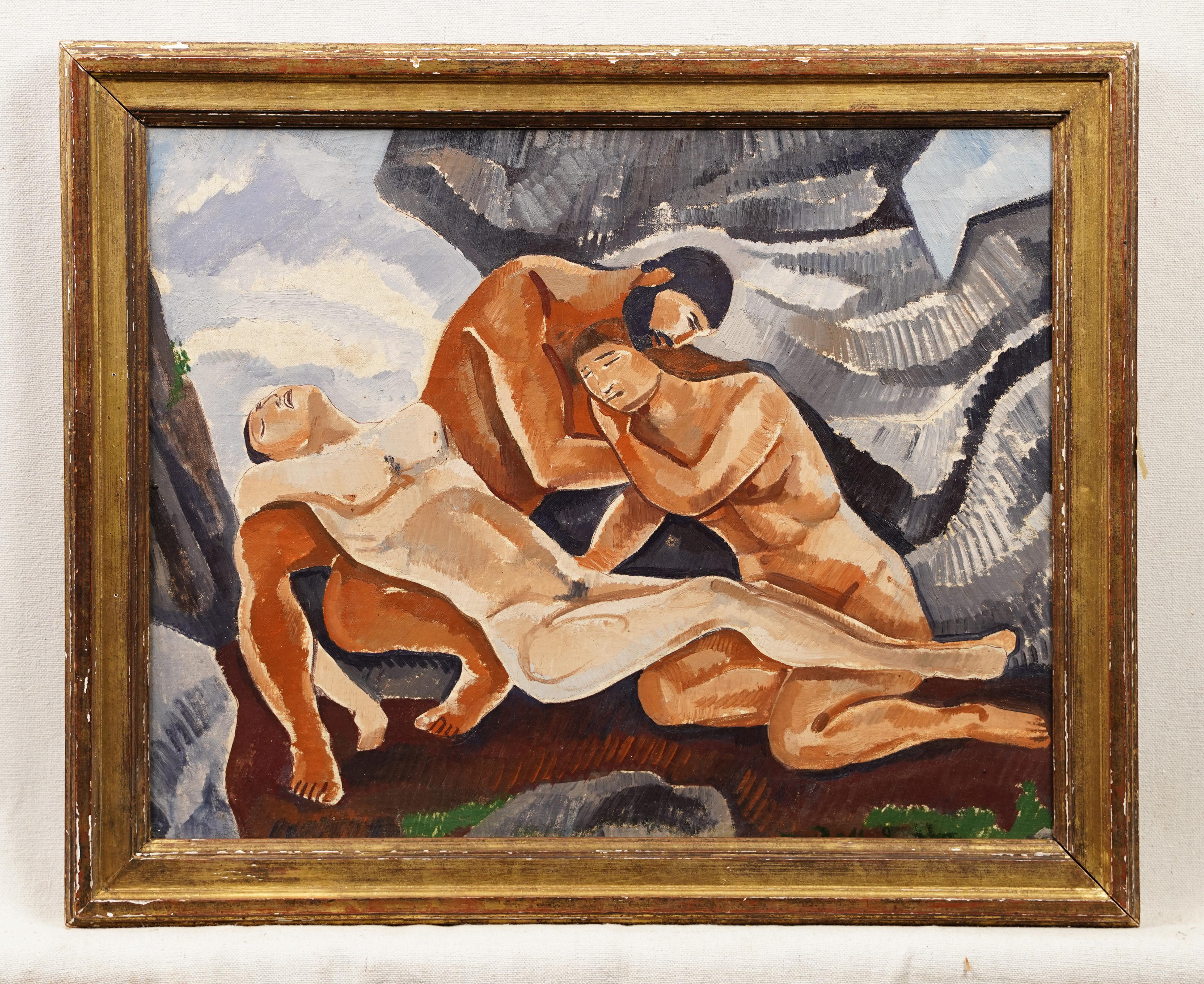 Portrait à l'huile signé Early 20th Century Modernist Male Lovers Gay Erotic (Hommes amoureux érotiques) - Moderne Painting par Unknown