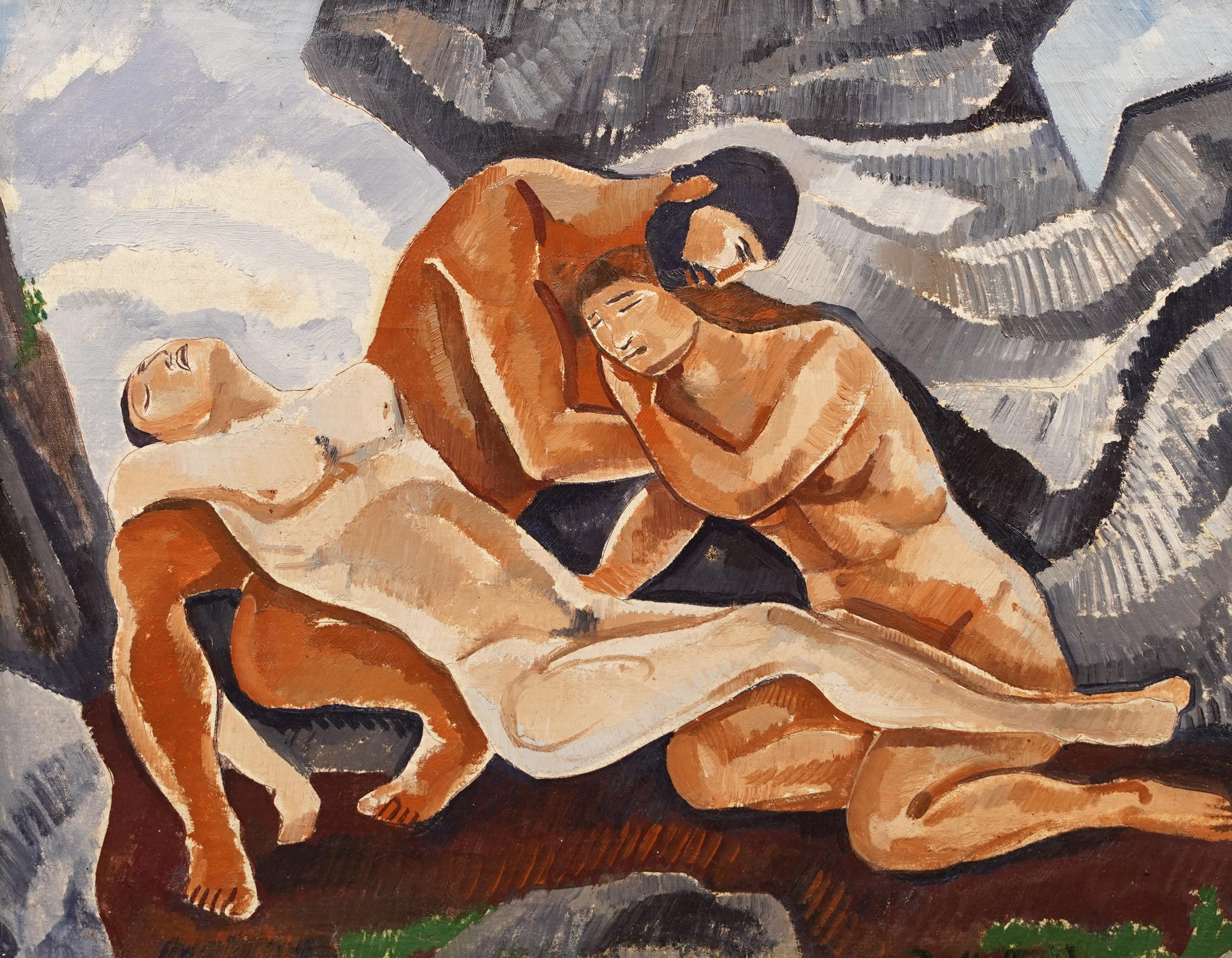 Ancienne peinture à l'huile moderniste signée d'un homme nu dans un paysage.  Huile sur toile.  Signé.  Encadré.  Taille de l'image, 18L x 14H.