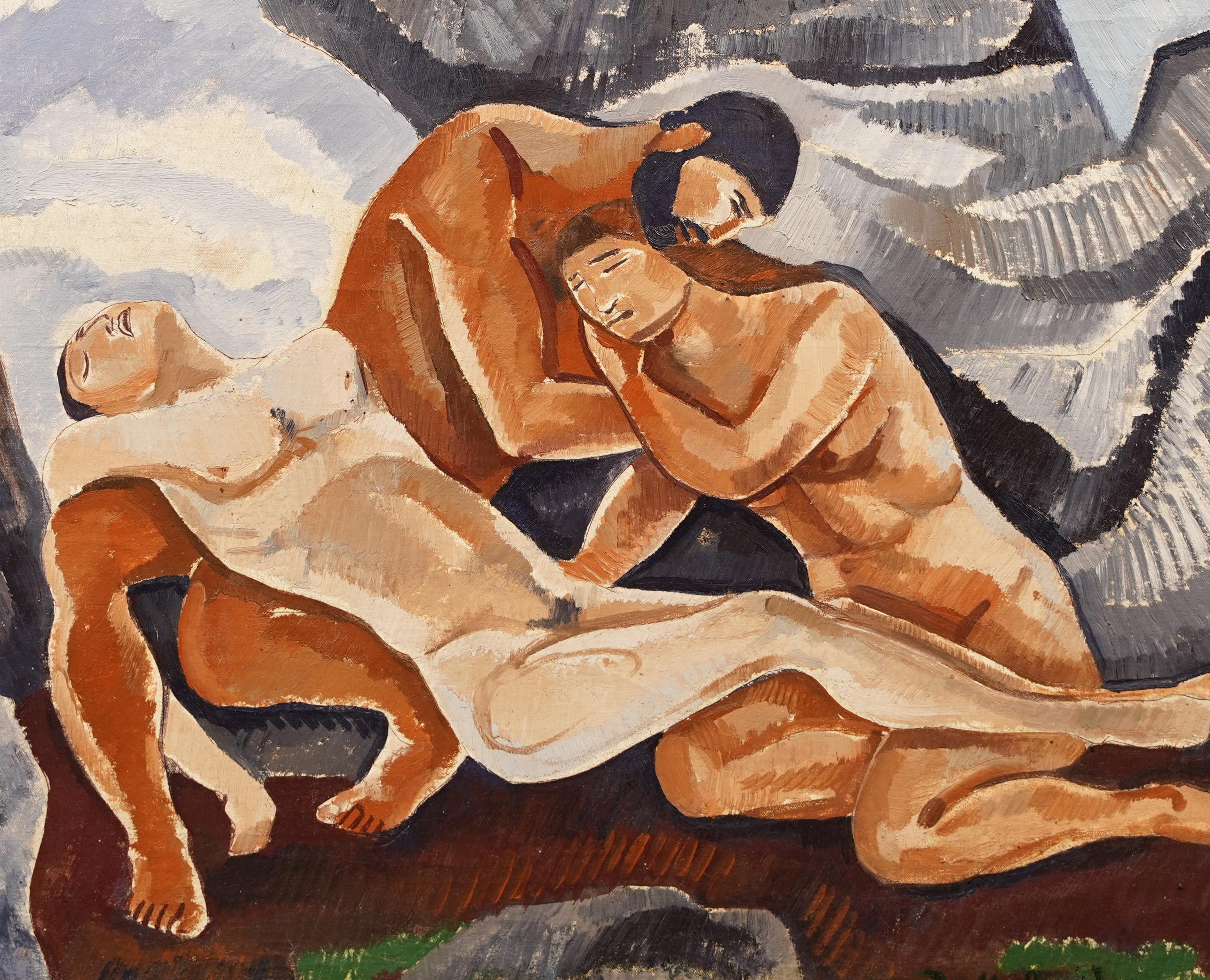 Portrait à l'huile signé Early 20th Century Modernist Male Lovers Gay Erotic (Hommes amoureux érotiques) en vente 1
