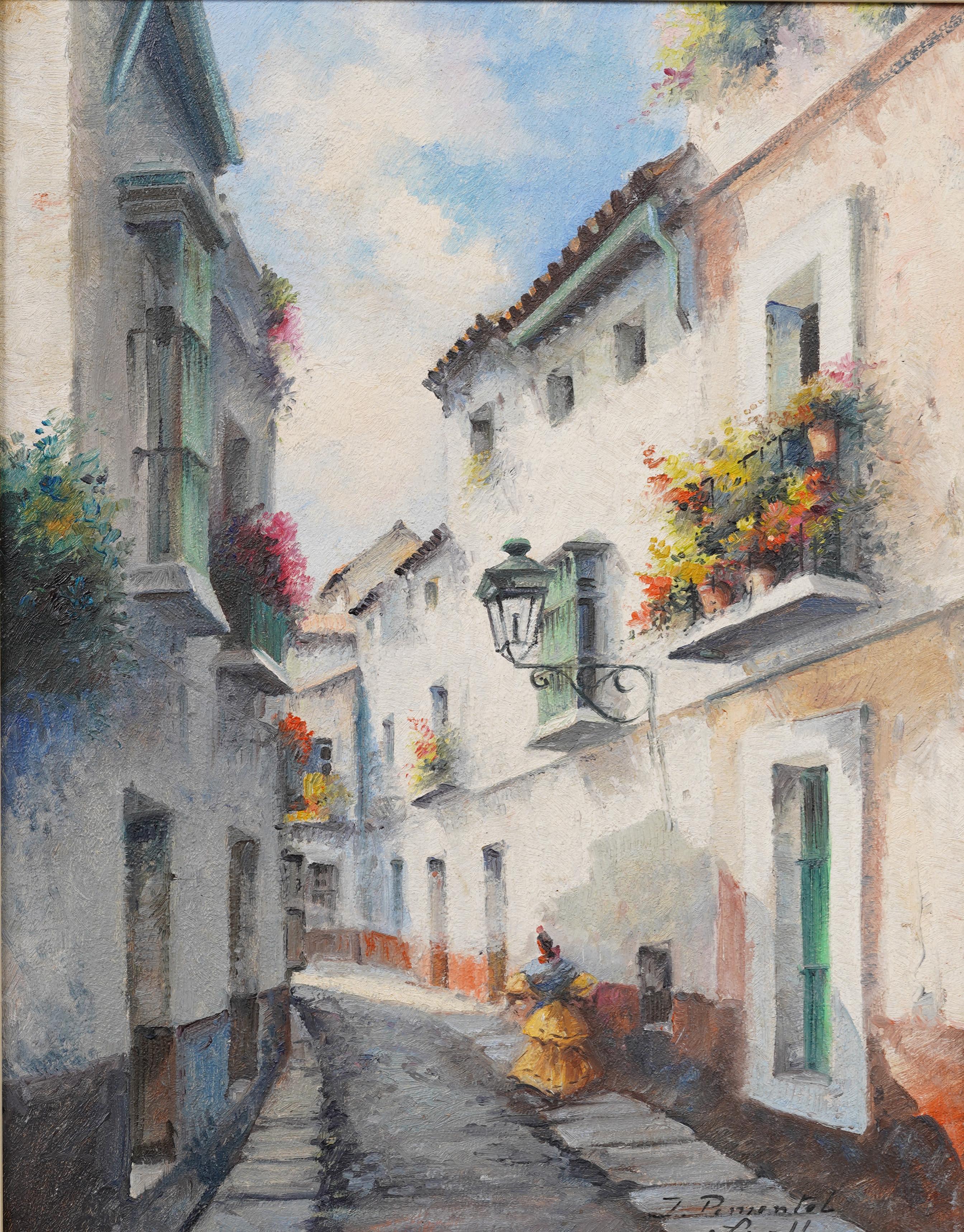 Pintura al óleo con marco, antigua escena callejera de un pueblo impresionista europeo firmado - Painting Impresionista de Unknown