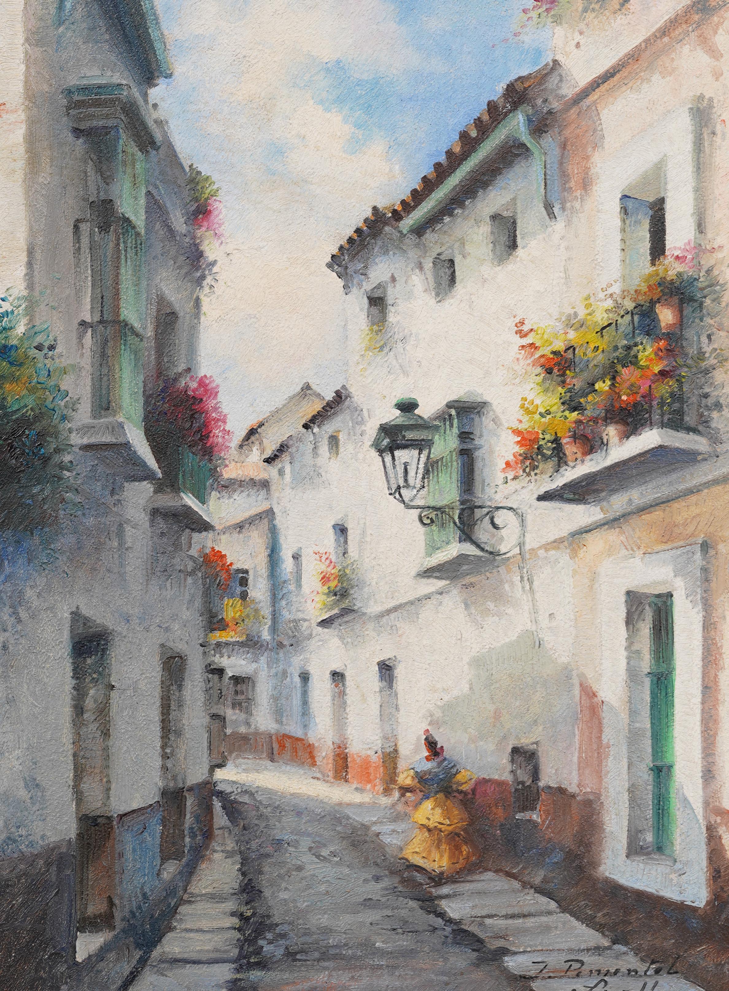 Pintura al óleo con marco, antigua escena callejera de un pueblo impresionista europeo firmado - Abstract Painting Marrón de Unknown