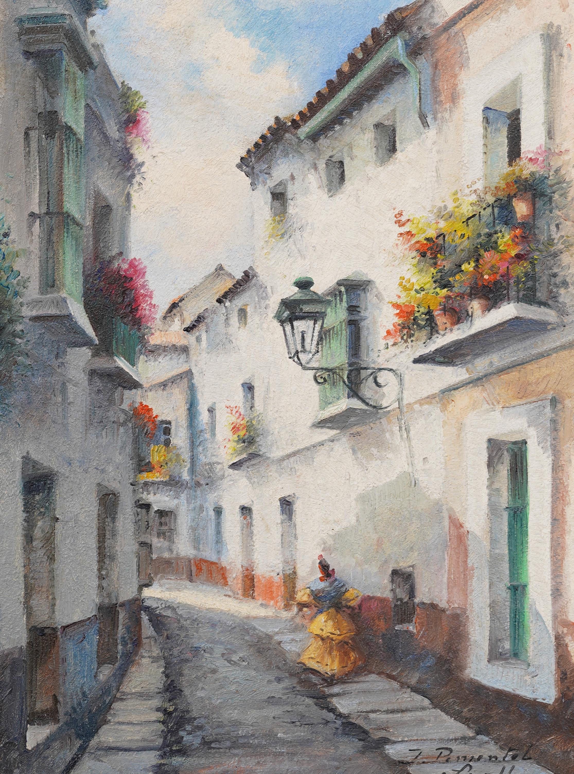 Impresionante cuadro paisajístico de una escena callejera europea.  Enmarcado.  Óleo sobre tabla.  Firmado.  Tamaño de la imagen, 16H por 13L.