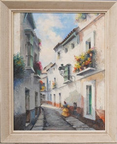 Pintura al óleo con marco, antigua escena callejera de un pueblo impresionista europeo firmado