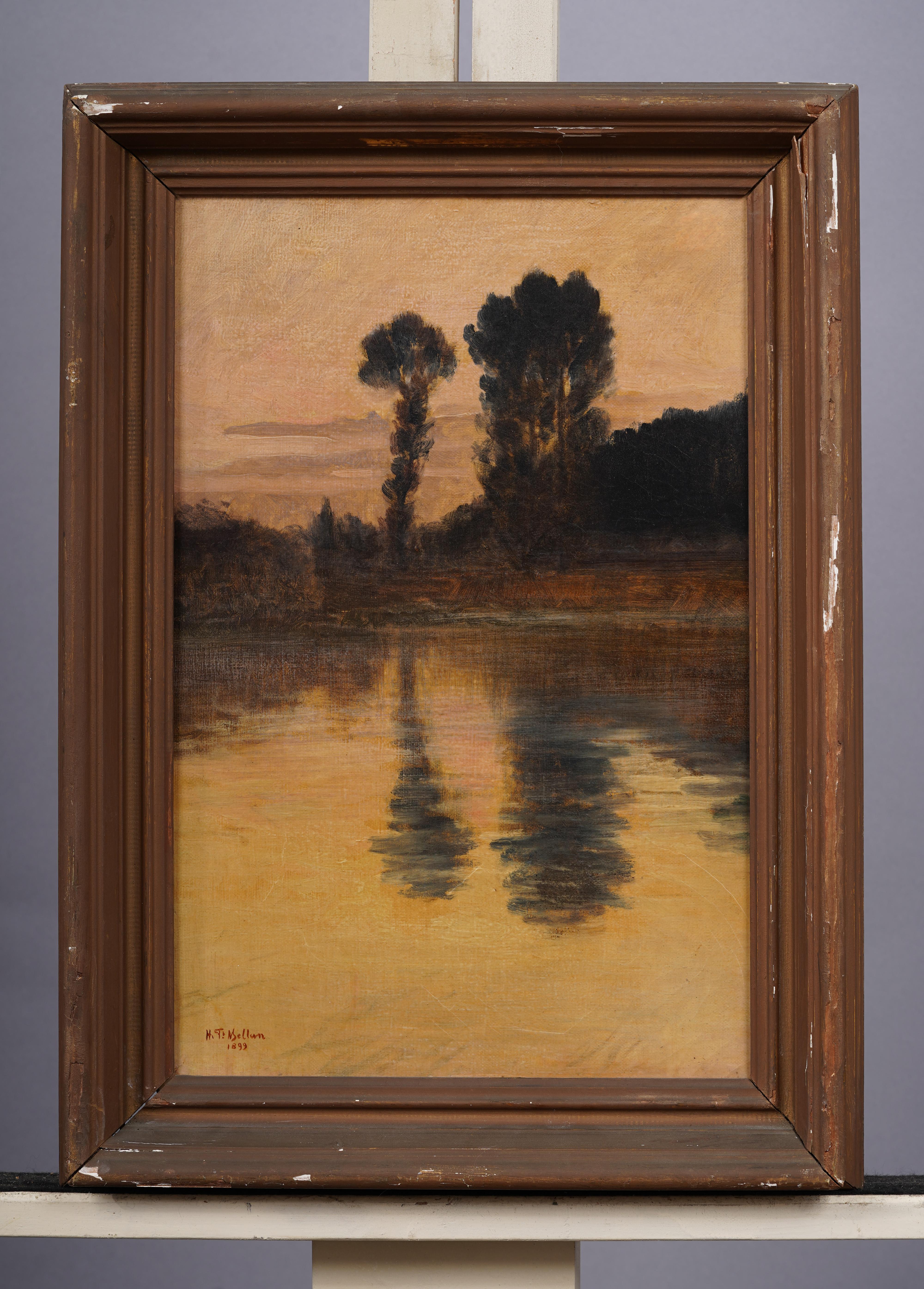 Pintura al óleo firmada Impresionista europea Paisaje fluvial al atardecer Enmarcada Firmada - Landscape Painting Marrón de Unknown