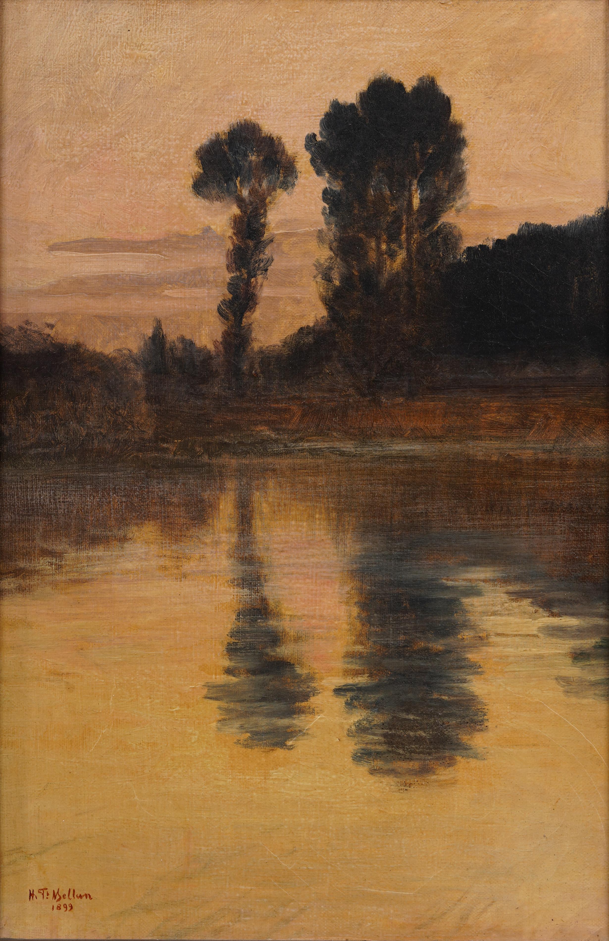 Luminoso cuadro de paisaje europeo de atardecer maravillosamente pintado.  Enmarcado.  Óleo sobre lienzo.  Firmado.  Tamaño de la imagen, 16H por 11L.