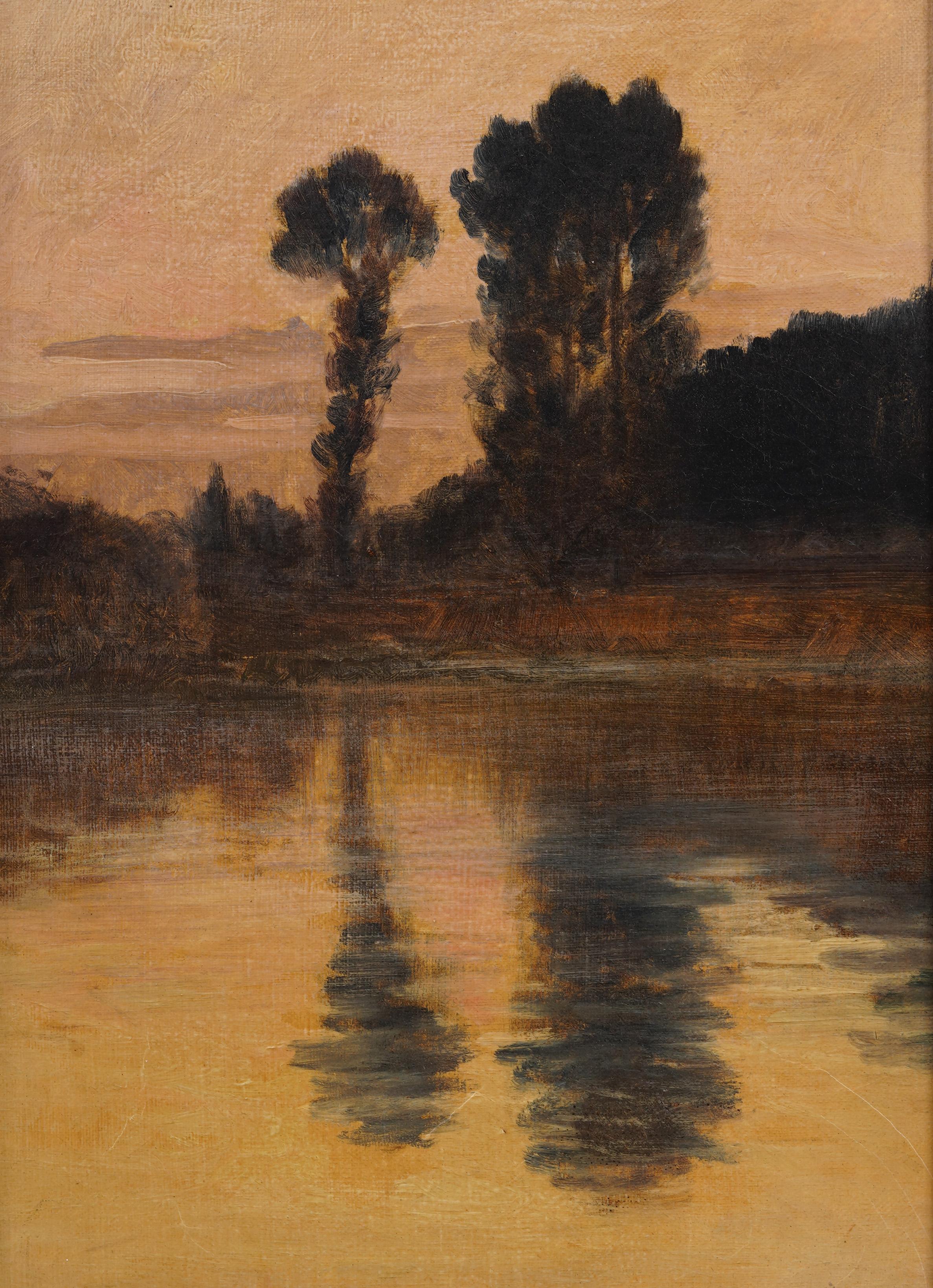 Pintura al óleo firmada Impresionista europea Paisaje fluvial al atardecer Enmarcada Firmada en venta 1