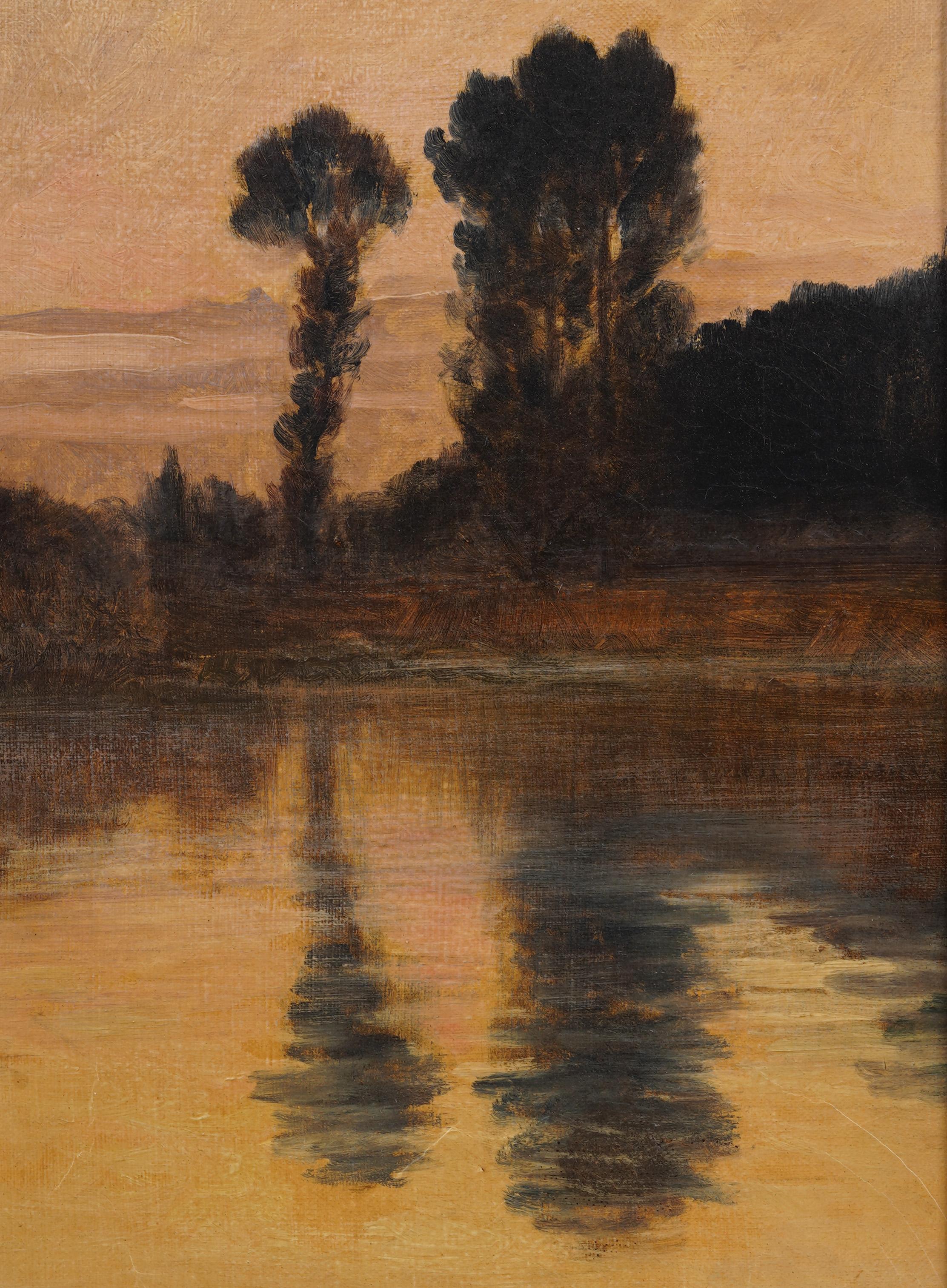 Pintura al óleo firmada Impresionista europea Paisaje fluvial al atardecer Enmarcada Firmada en venta 2