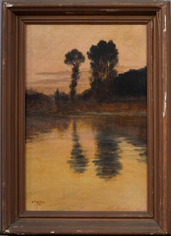 Pintura al óleo firmada Impresionista europea Paisaje fluvial al atardecer Enmarcada Firmada