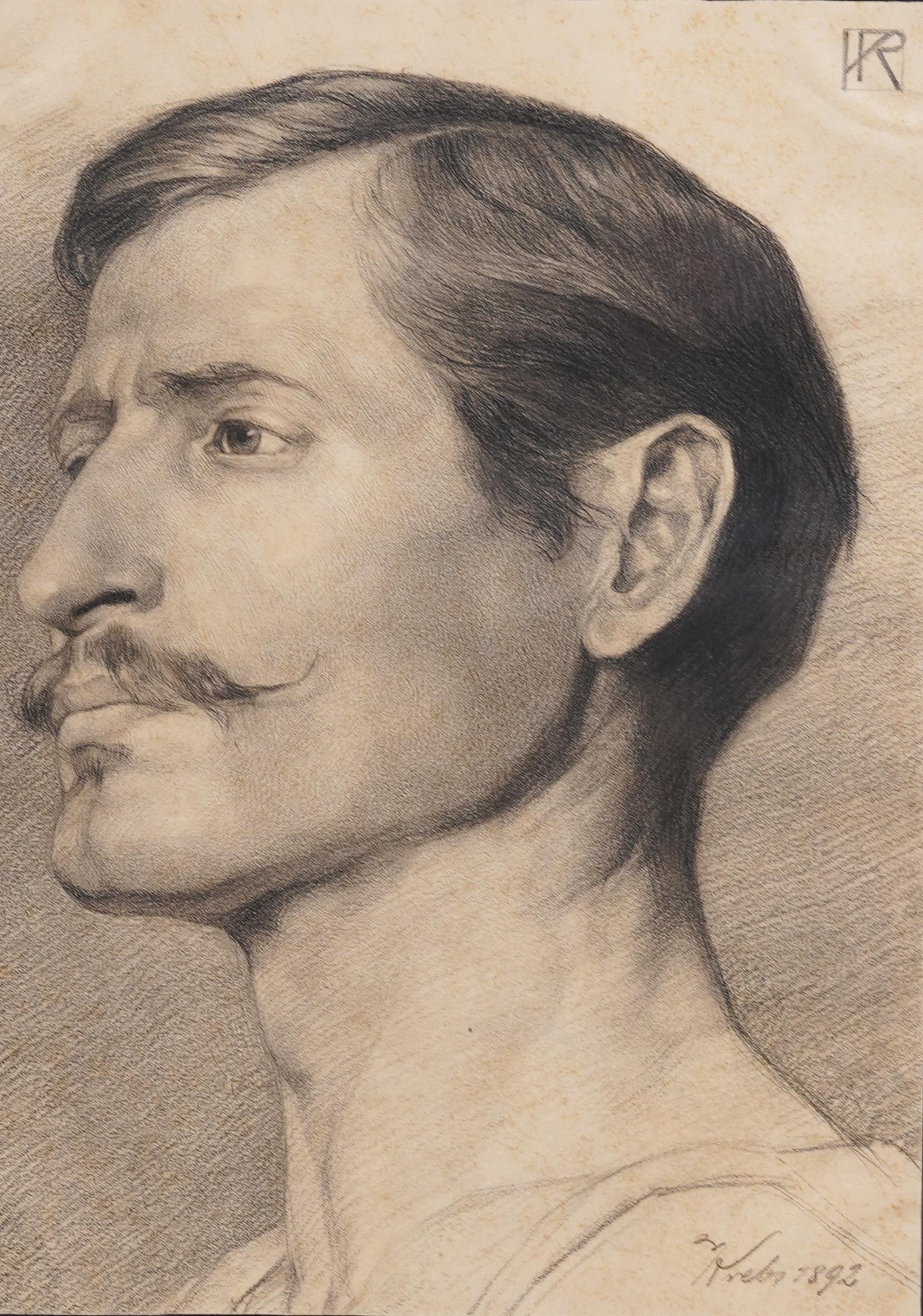 Unglaublich gut ausgeführt und ein großartiges Motiv. Das Porträt eines gut aussehenden jungen Mannes mit Schnurrbart aus dem 19. Eingerahmt in eine holländische Riffelholzleiste. Zeichnung auf Papier. Unterzeichnet und datiert.