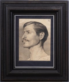 Antique Signed Fabulous 19th Century Male Mustache Portrait Dutch Ripple Frame Drawing 