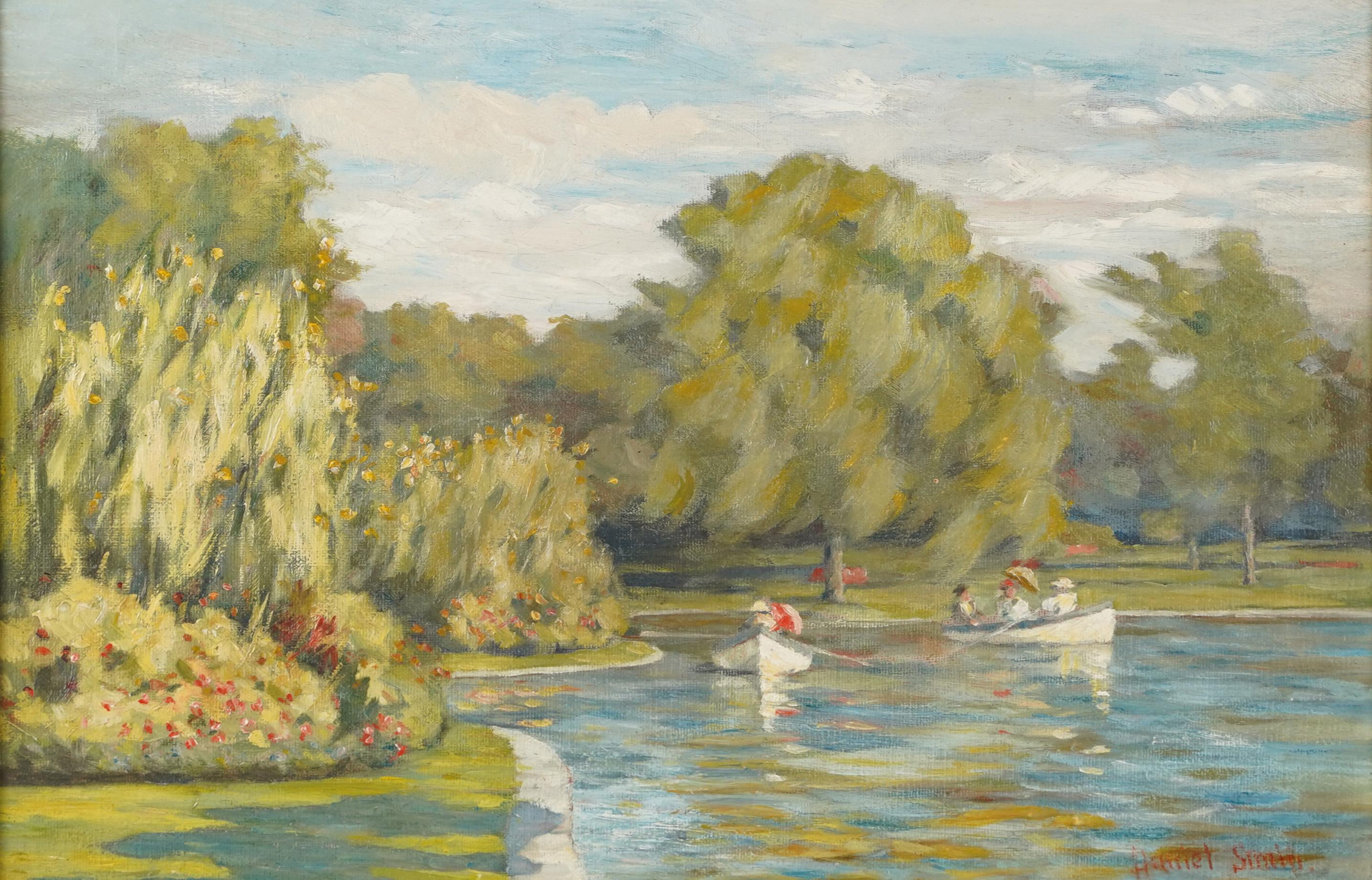 Signed Female Impressionist Boston Garden Rowboat Landscape Framed Oil Painting 1