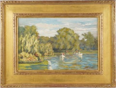 Signierte weibliche impressionistische Bostoner Garten- Ruderboot-Landschaft gerahmt Ölgemälde