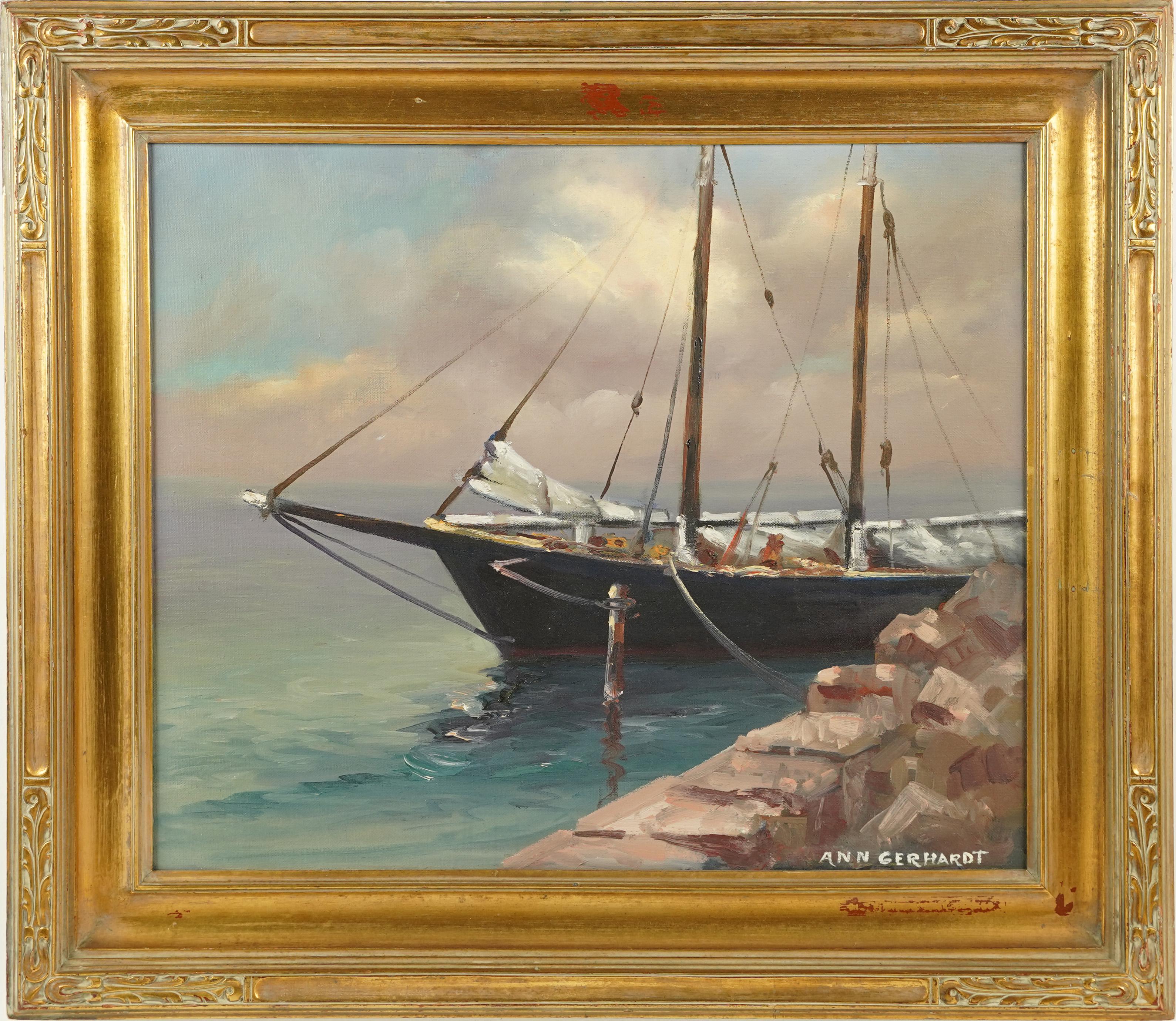 Signed Female Impressionist Sailboat Seascape Original Impressionist Frame  - Painting by Unknown