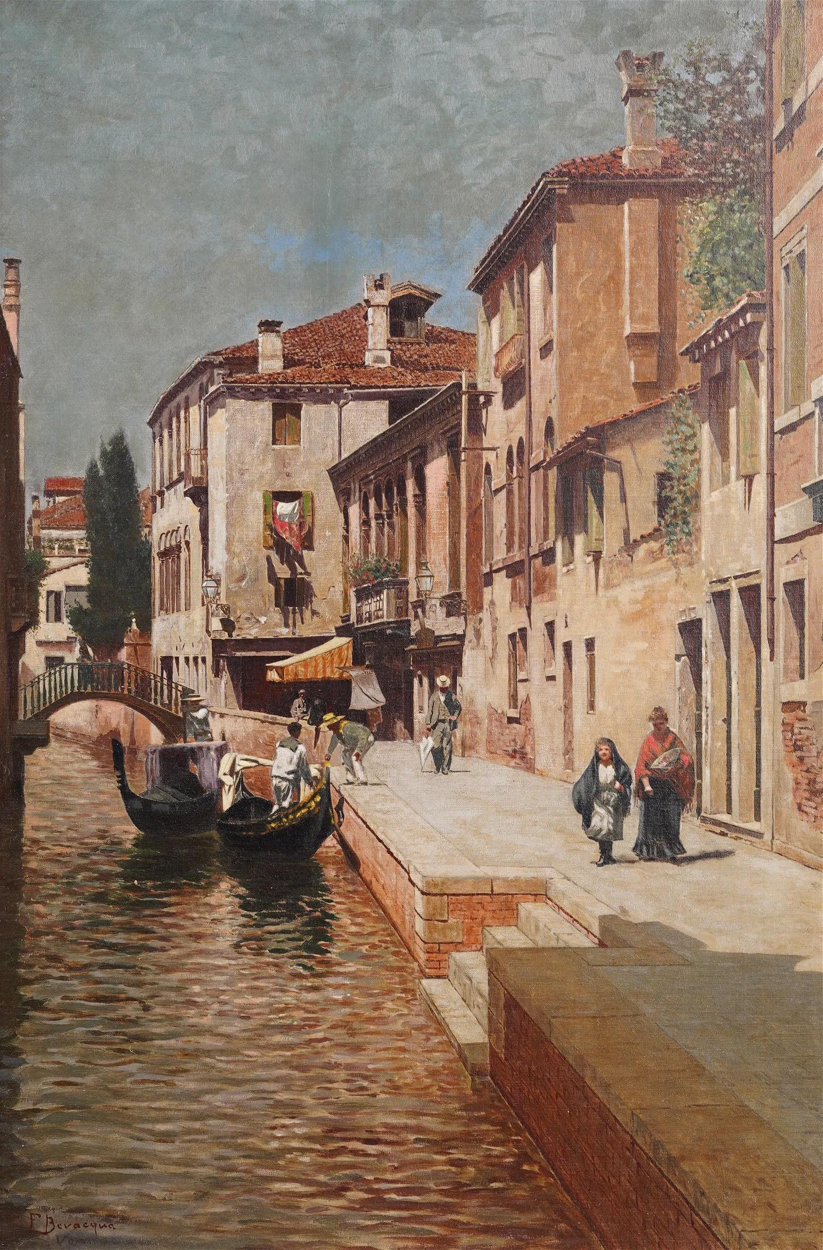 Antiguo óleo italiano del siglo XIX de Venecia, finamente pintado. Finamente pintado con gran colorido y detalle.  Óleo sobre lienzo.  Enmarcado.  Firmado.